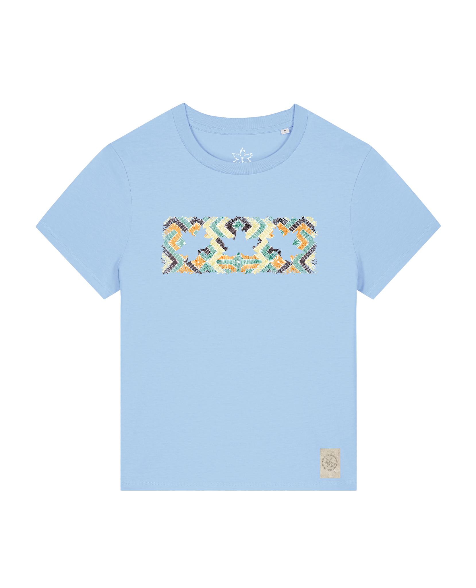 bio-female-medium fit-tshirt-three leaves 01-sttw172-lagune-front