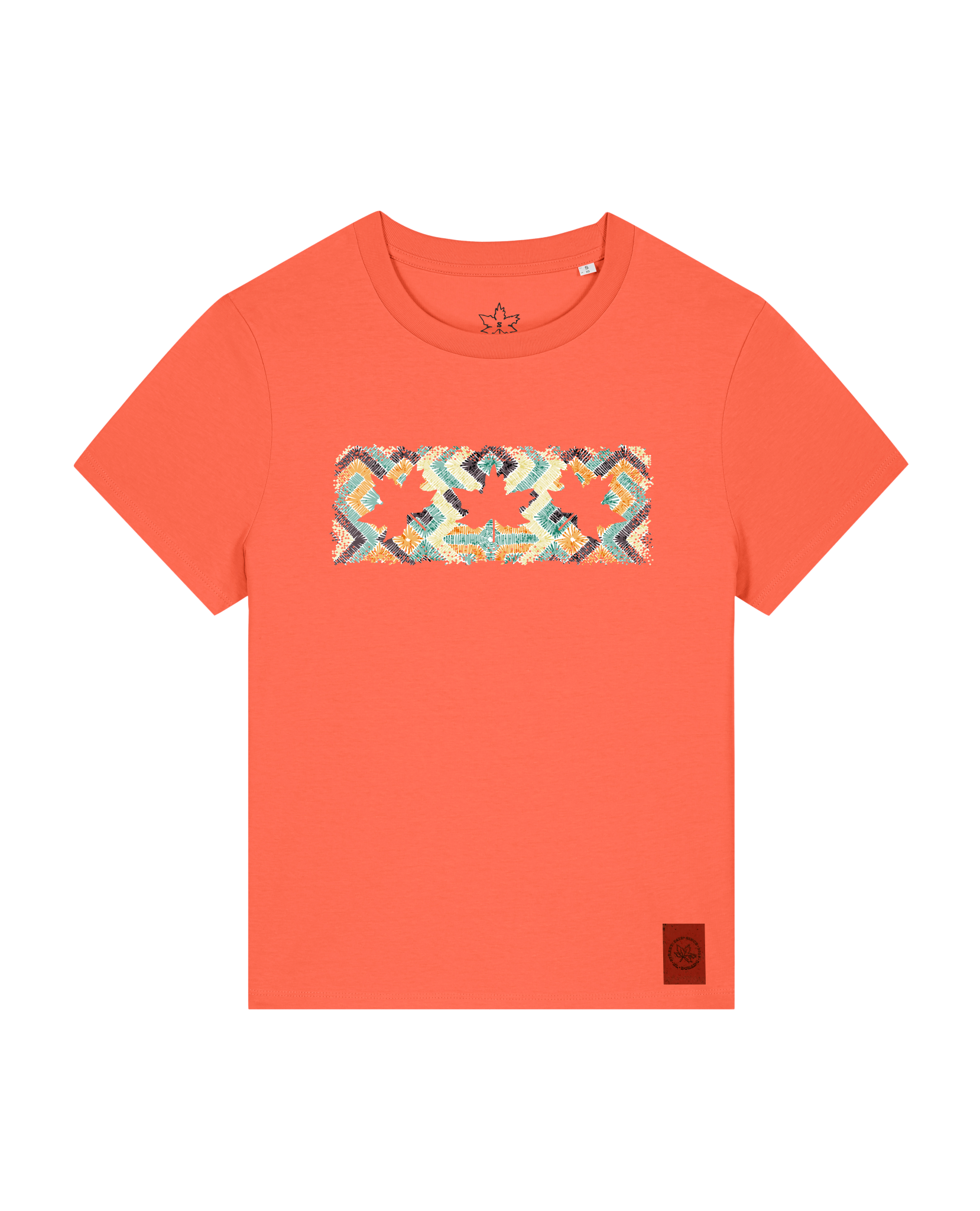 bio-female-medium fit-tshirt-three leaves 01-sttw172-mandarine-front