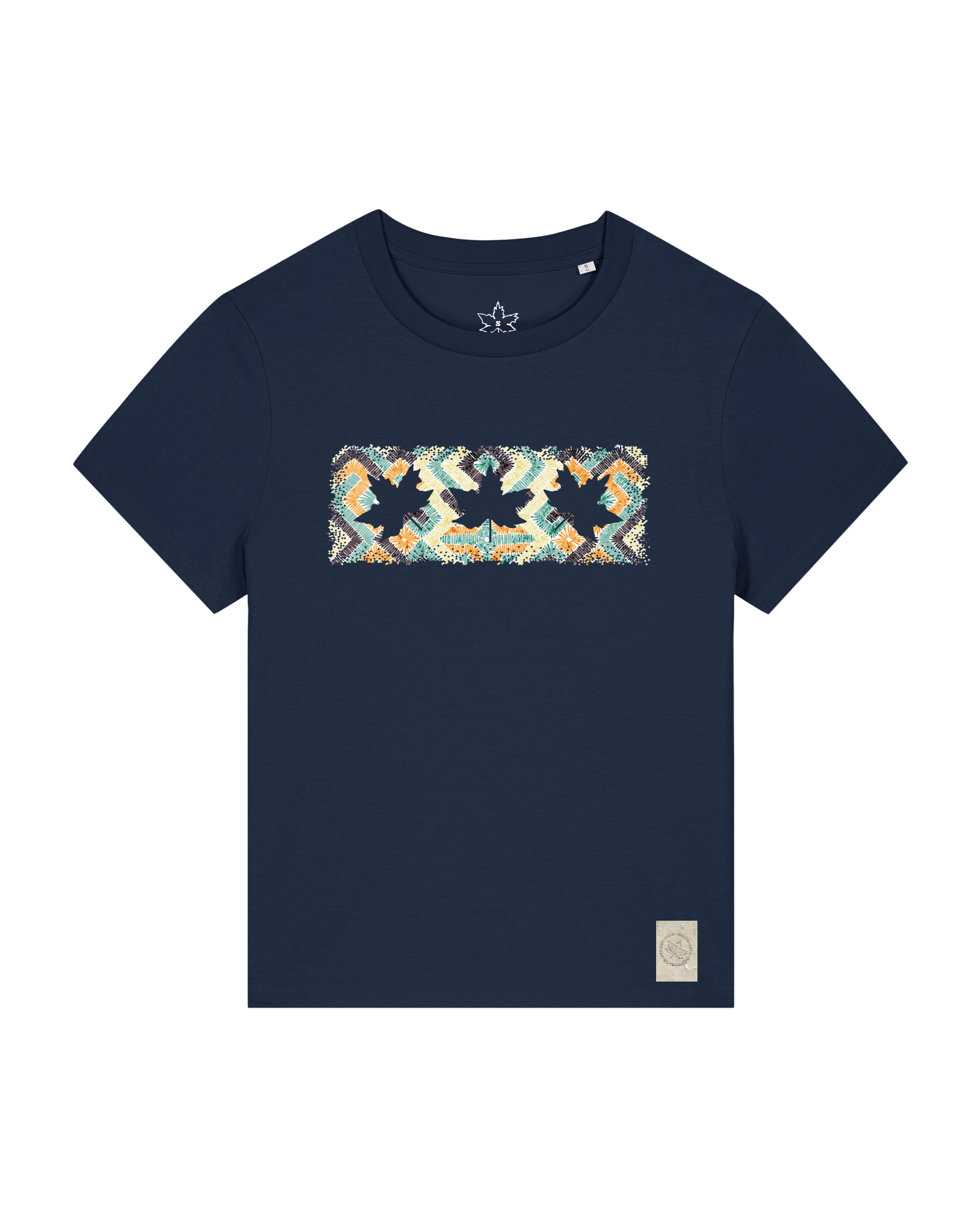 bio-female-medium fit-tshirt-three leaves 01-sttw172-marine-front