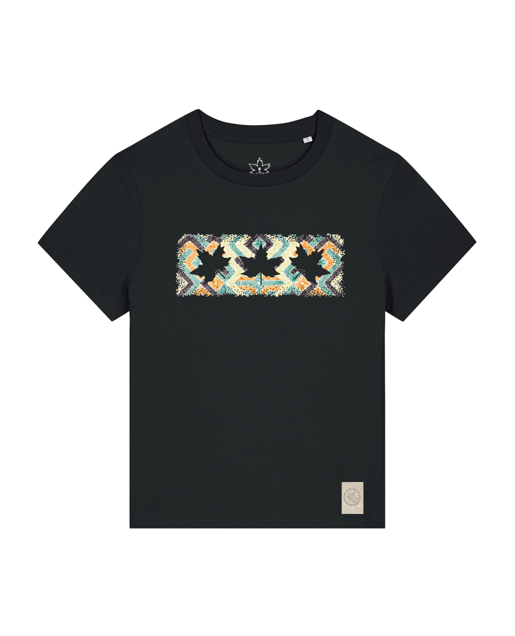 bio-female-medium fit-tshirt-three leaves 01-sttw172-schwarz-front