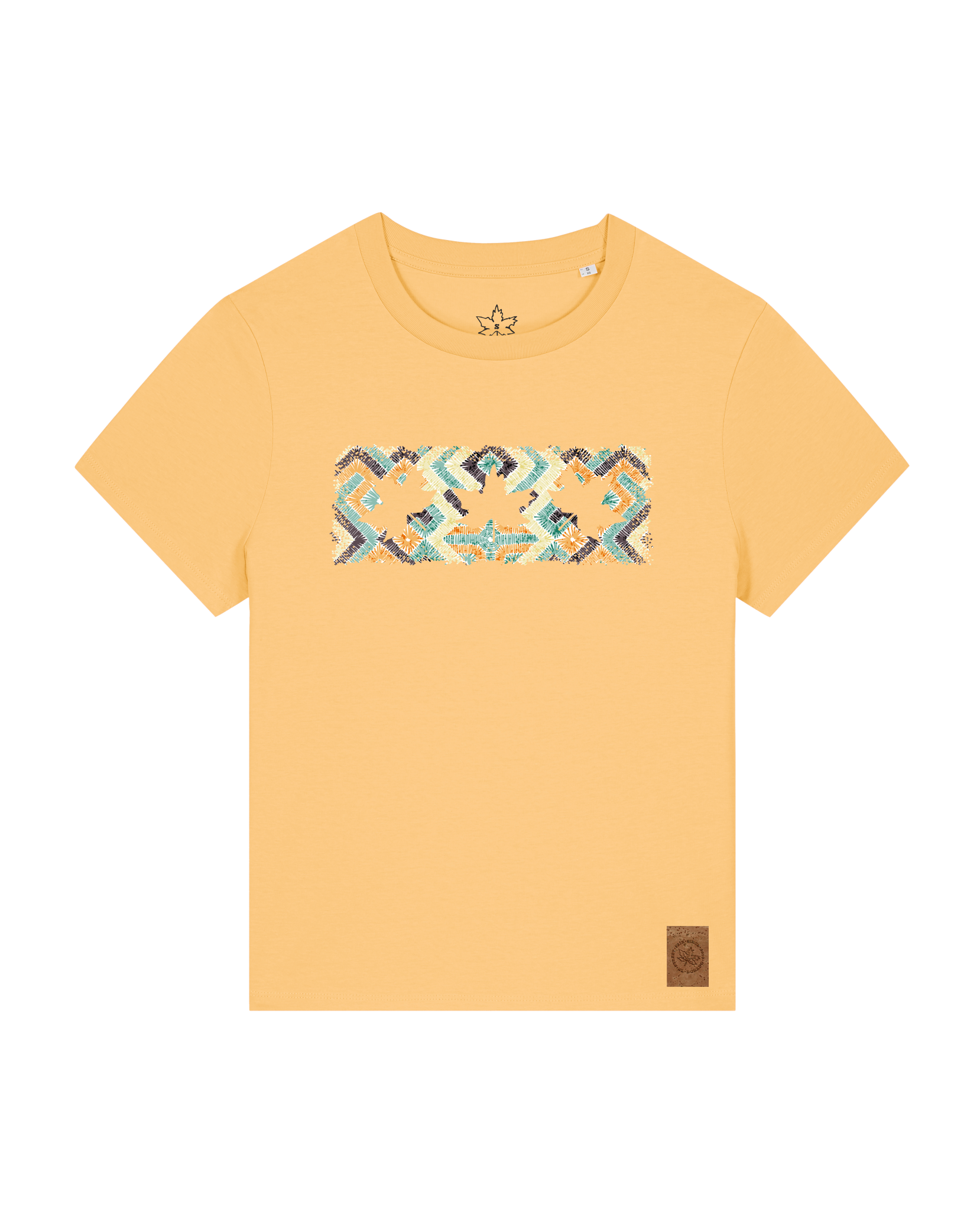 bio-female-medium fit-tshirt-three leaves 01-sttw172-senfkorn-front