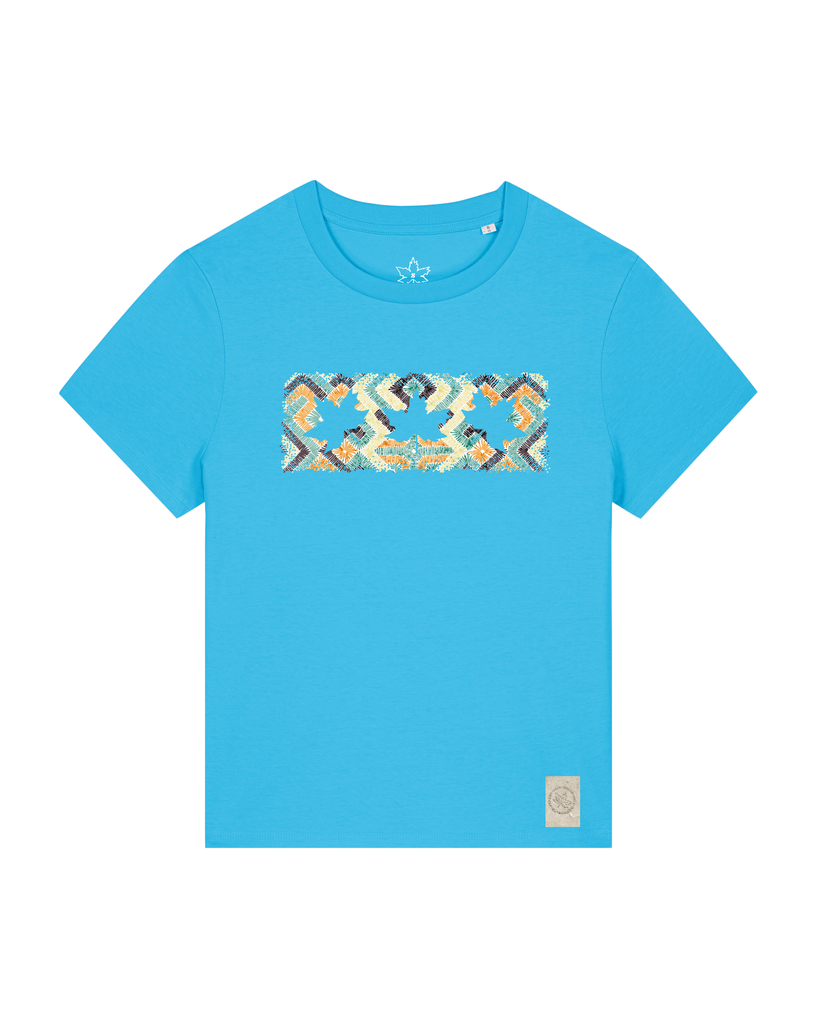bio-female-medium fit-tshirt-three leaves 01-sttw172-wasserblau-front