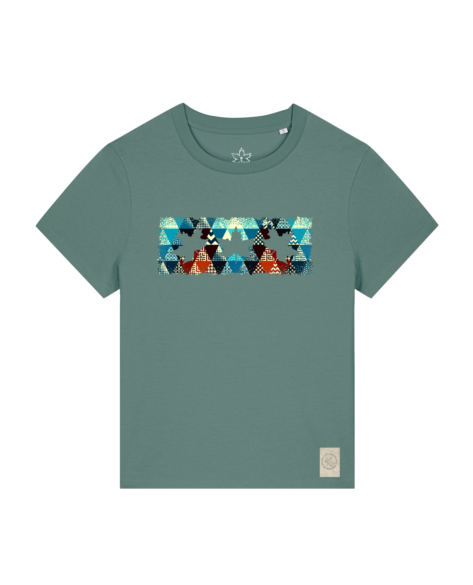 bio-female-medium fit-tshirt-three leaves 03-sttw172-blautanne-front