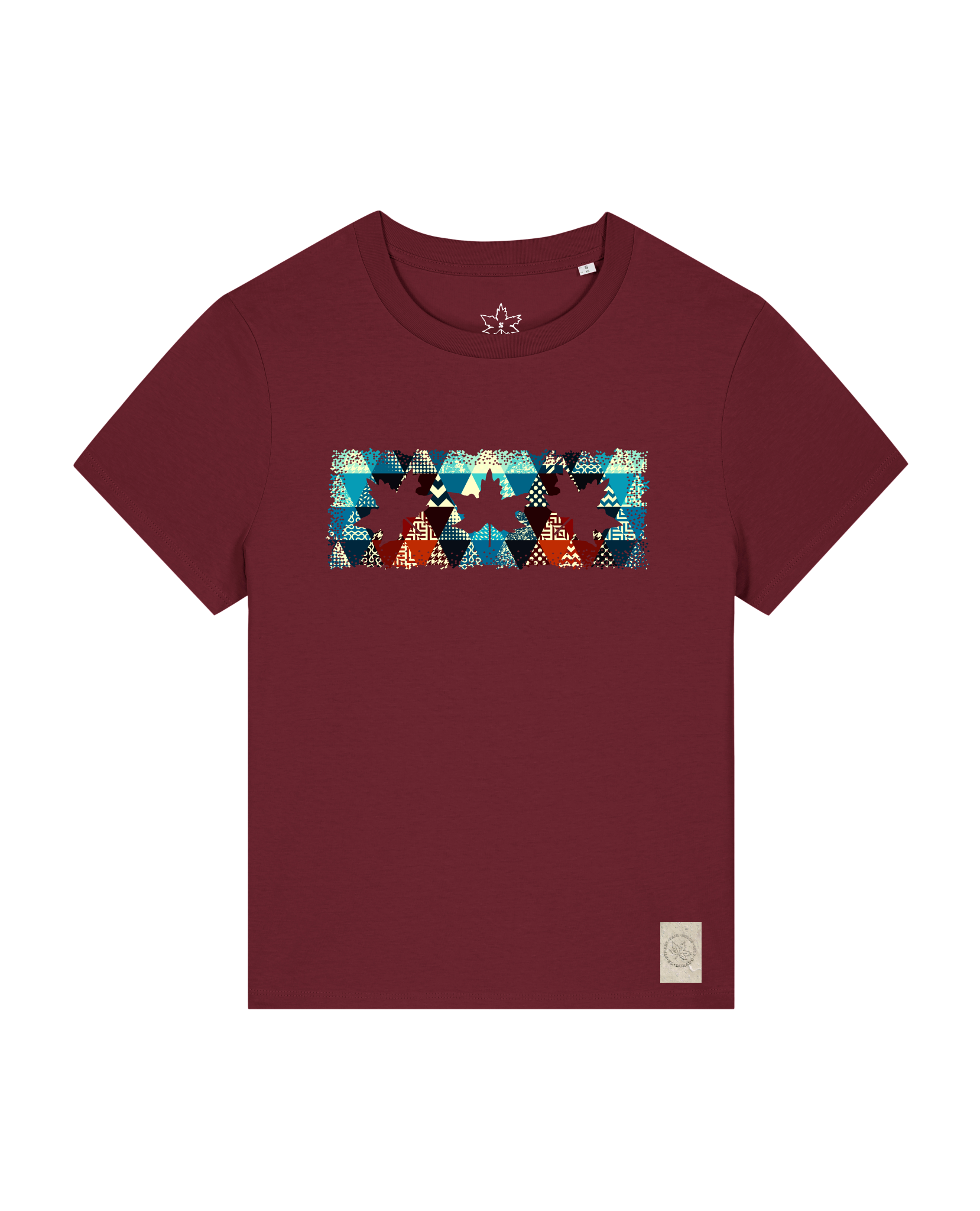 bio-female-medium fit-tshirt-three leaves 03-sttw172-burgunder rot-front