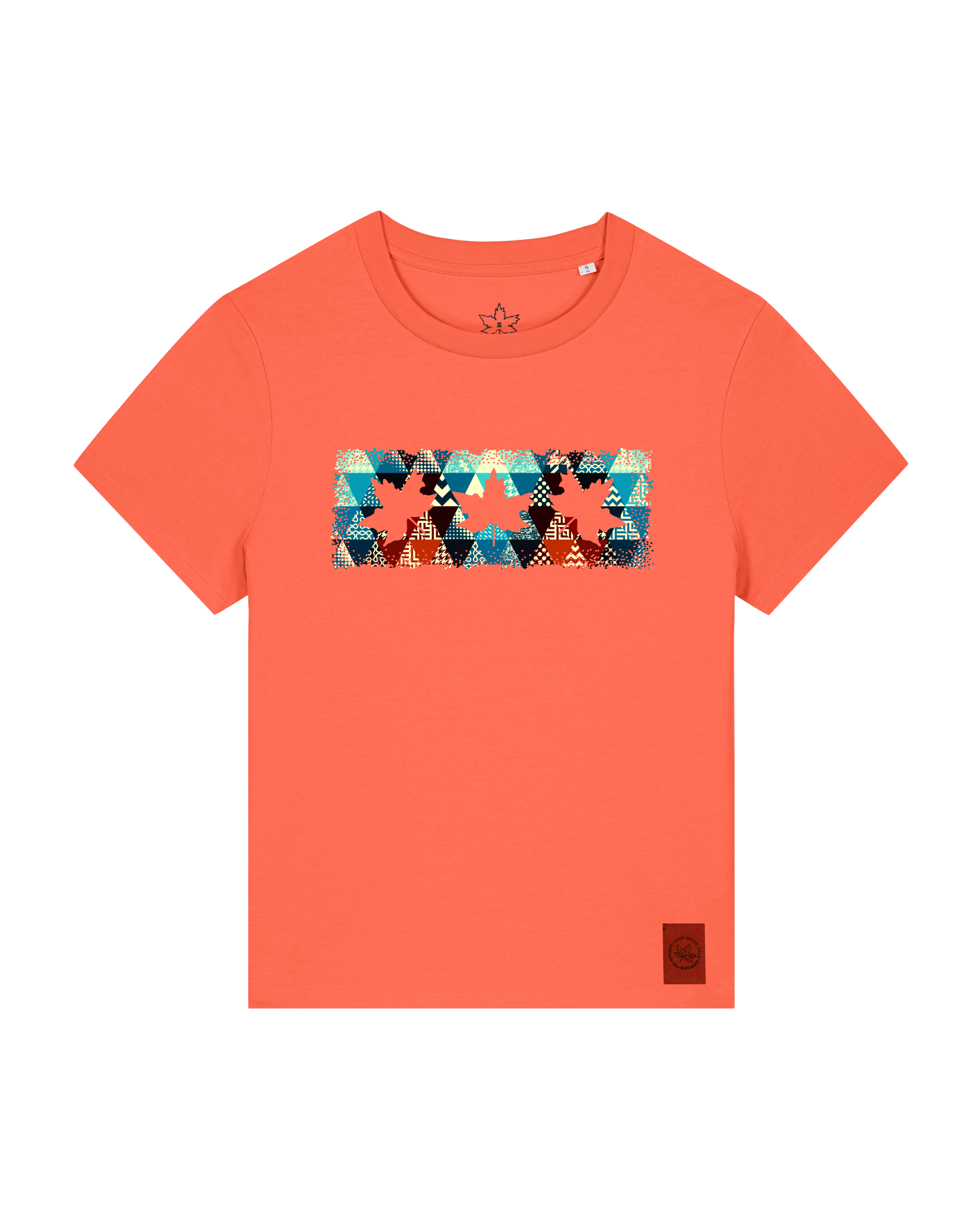 bio-female-medium fit-tshirt-three leaves 03-sttw172-mandarine-front