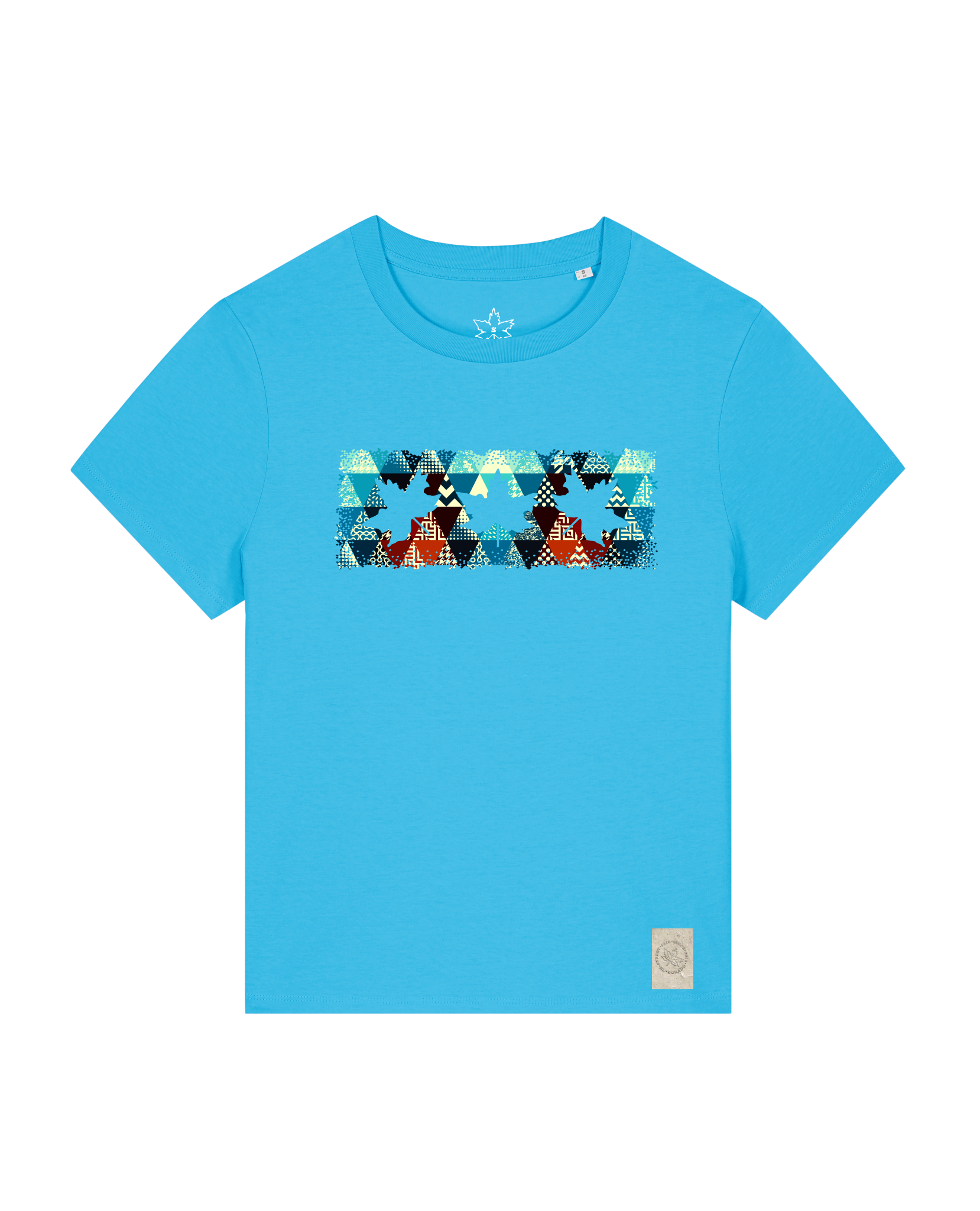 bio-female-medium fit-tshirt-three leaves 03-sttw172-wasserblau-front