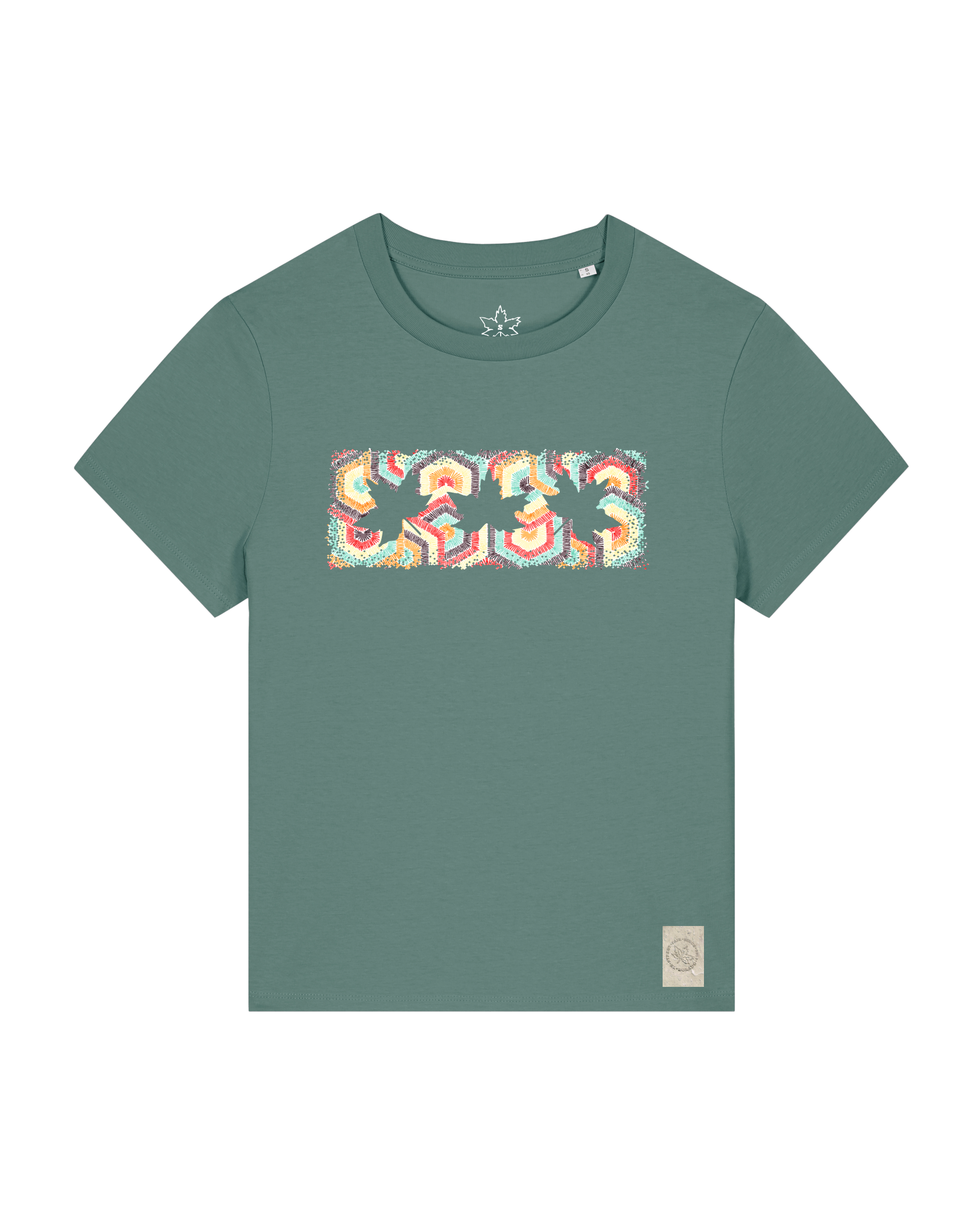 bio-female-medium fit-tshirt-three leaves 04-sttw172-blautanne-front