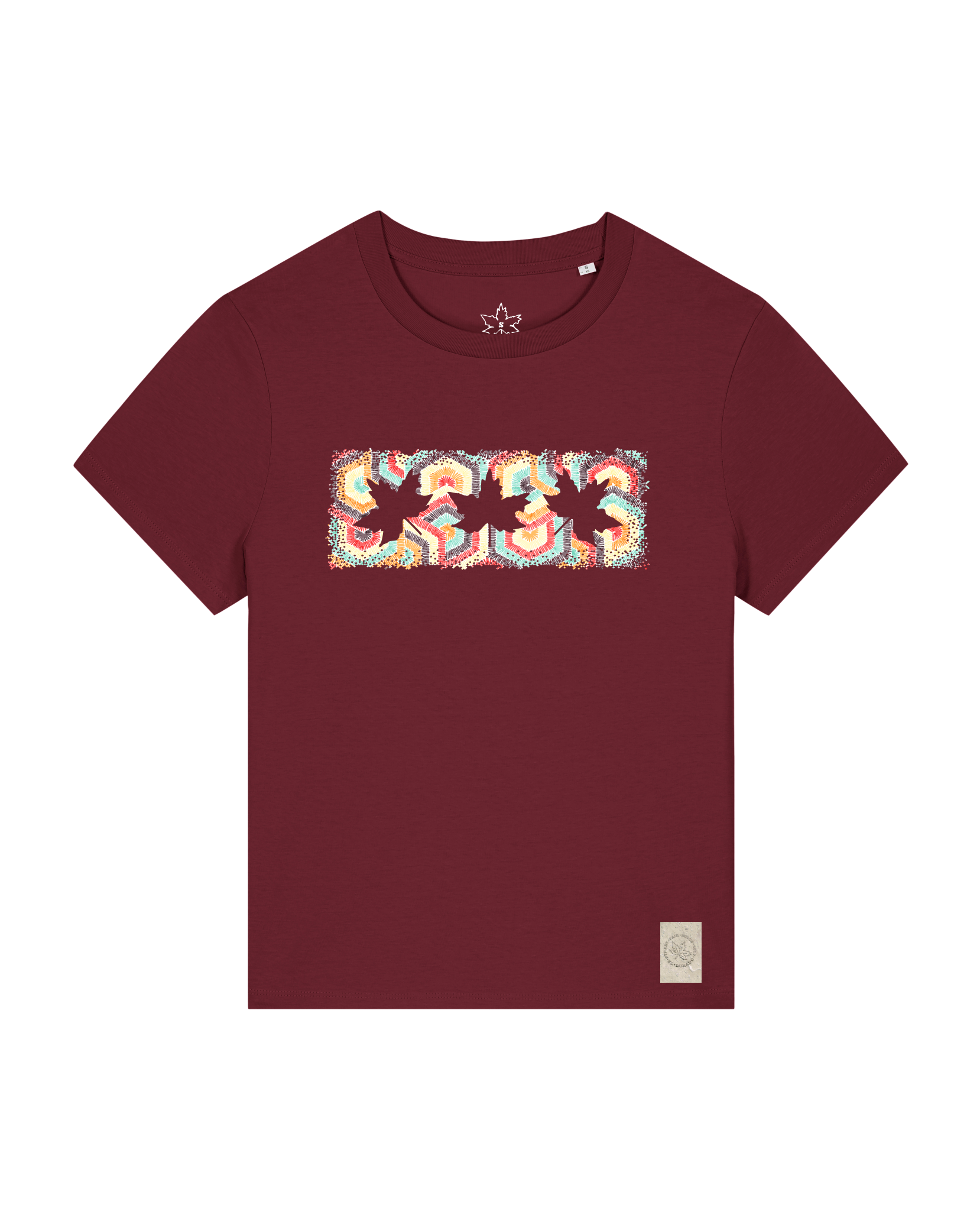 bio-female-medium fit-tshirt-three leaves 04-sttw172-burgunder rot-front