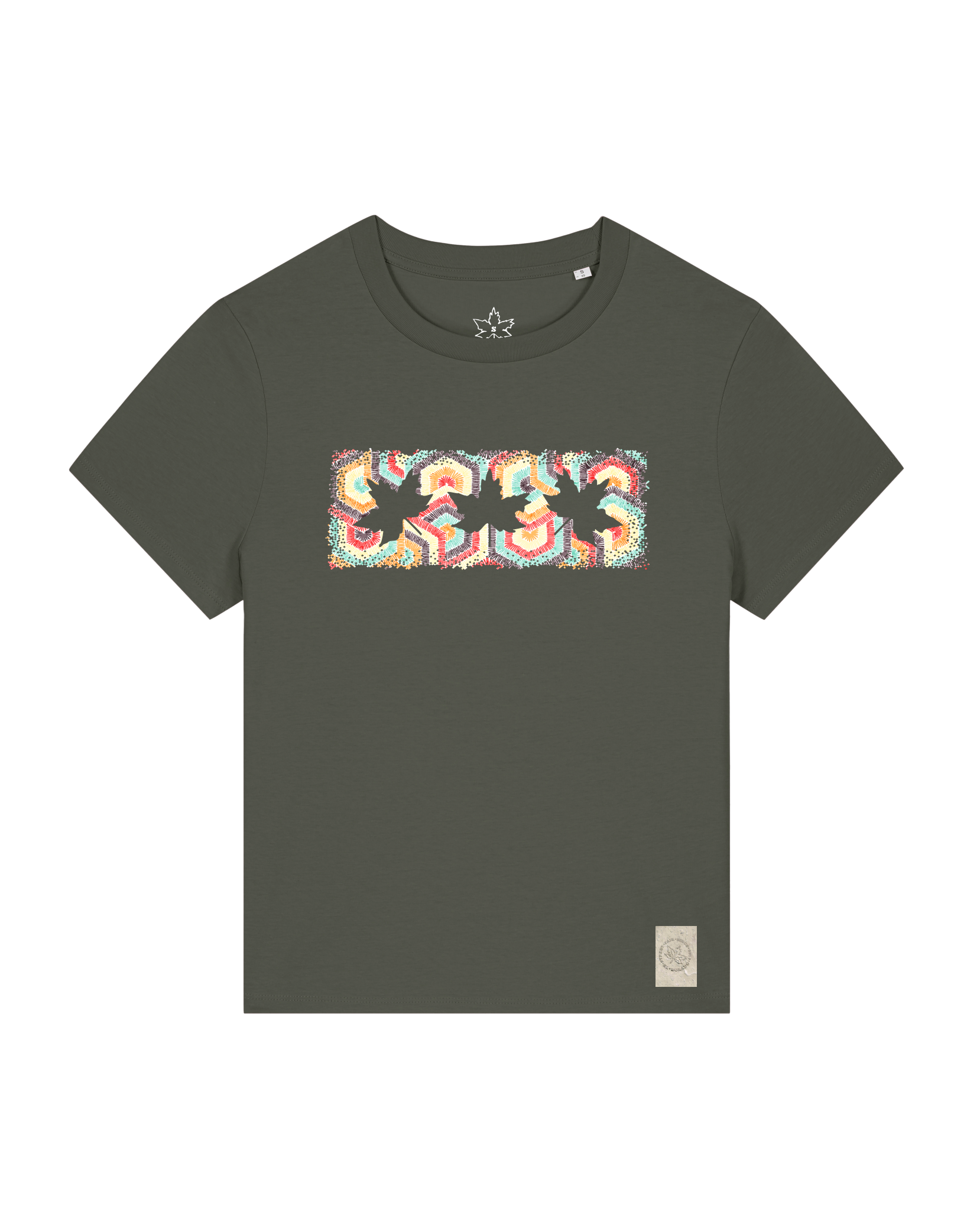 bio-female-medium fit-tshirt-three leaves 04-sttw172-grunkohl-front