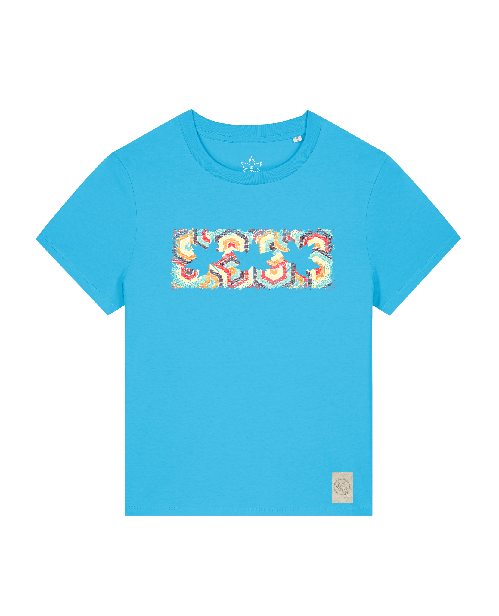 bio-female-medium fit-tshirt-three leaves 04-sttw172-wasserblau-front