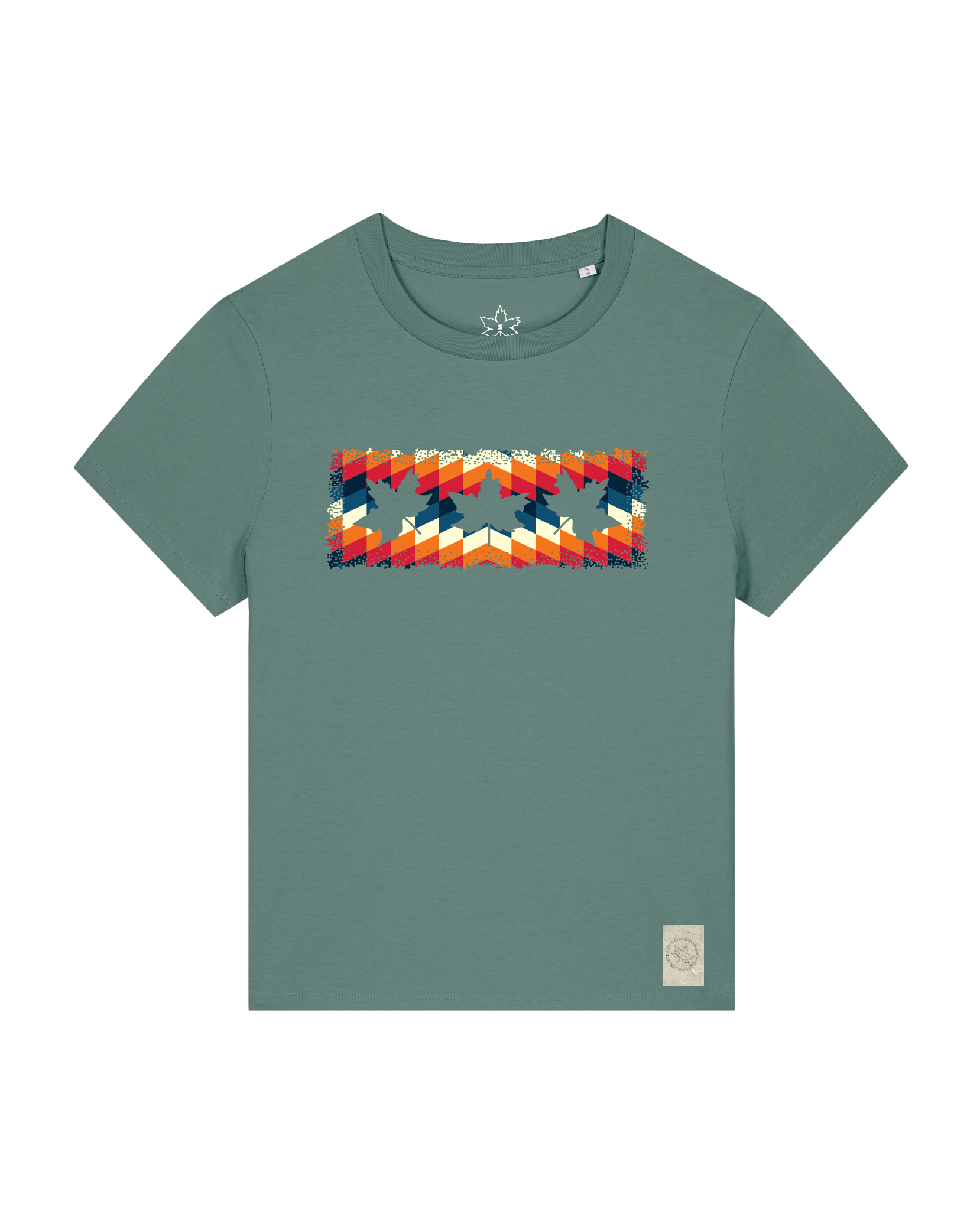 bio-female-medium fit-tshirt-three leaves 05-sttw172-blautanne-front