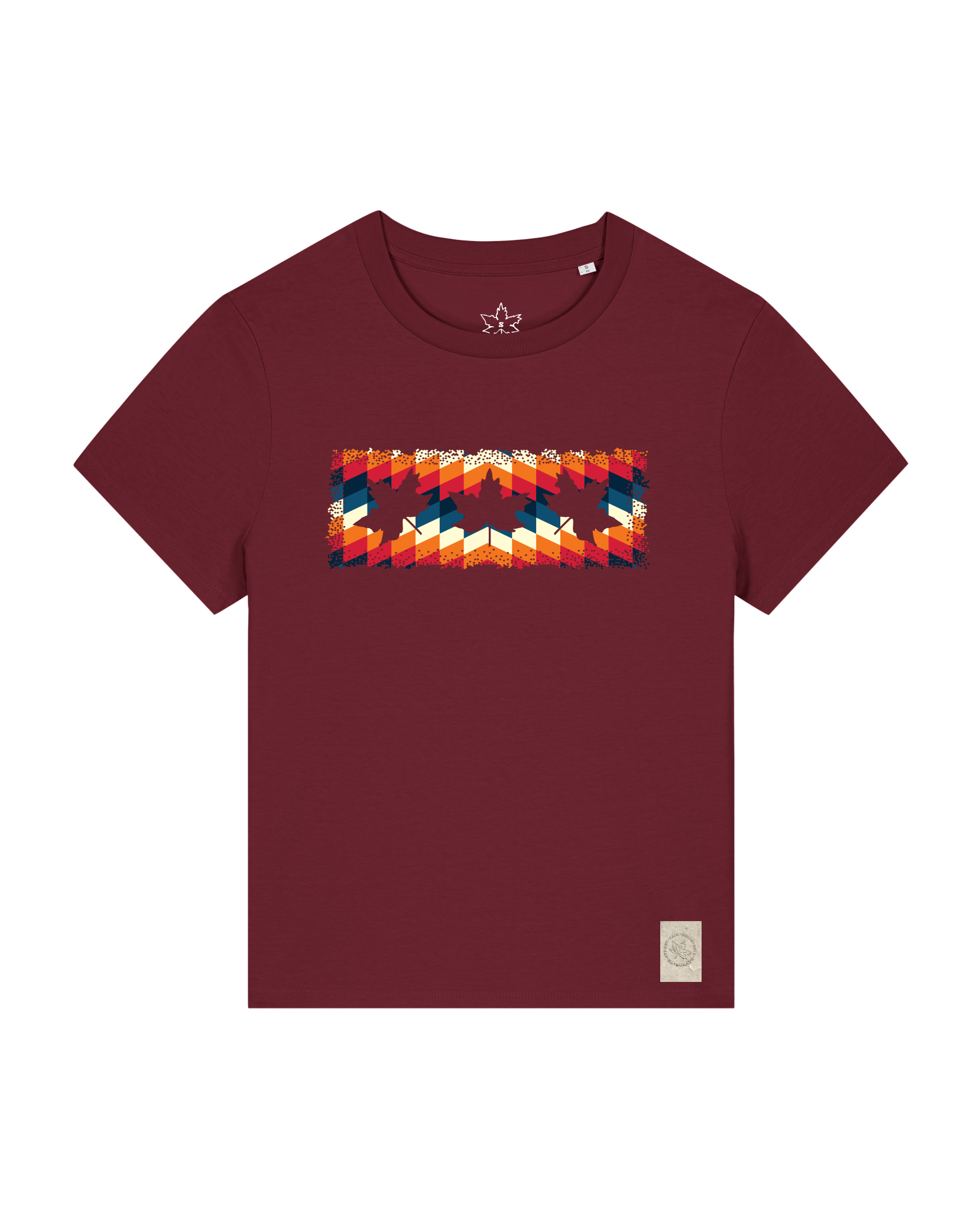 bio-female-medium fit-tshirt-three leaves 05-sttw172-burgunder rot-front
