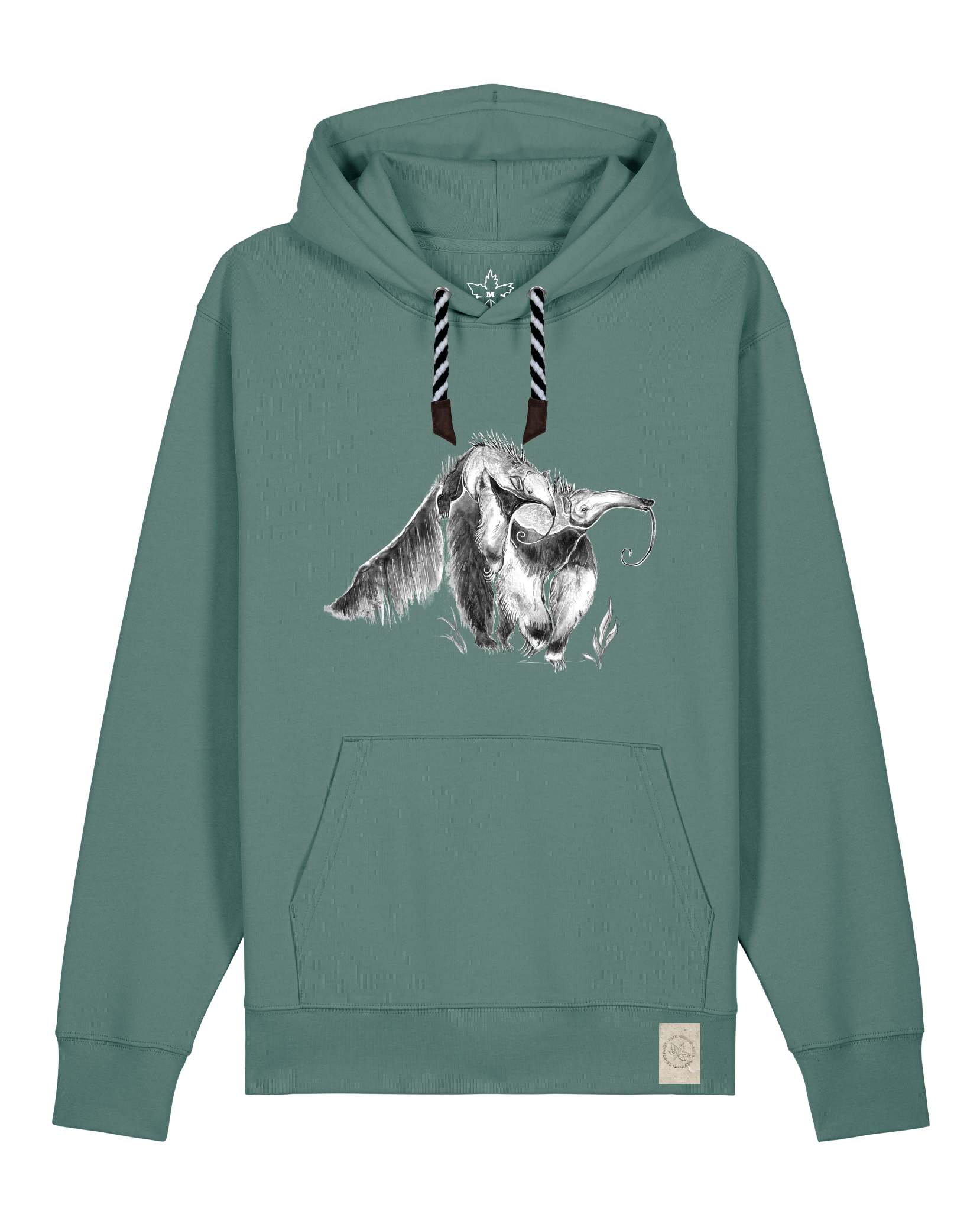 bio-unisex-medium fit-hoodie-ameisenbär-stsu177-blautanne-sw kordel-front
