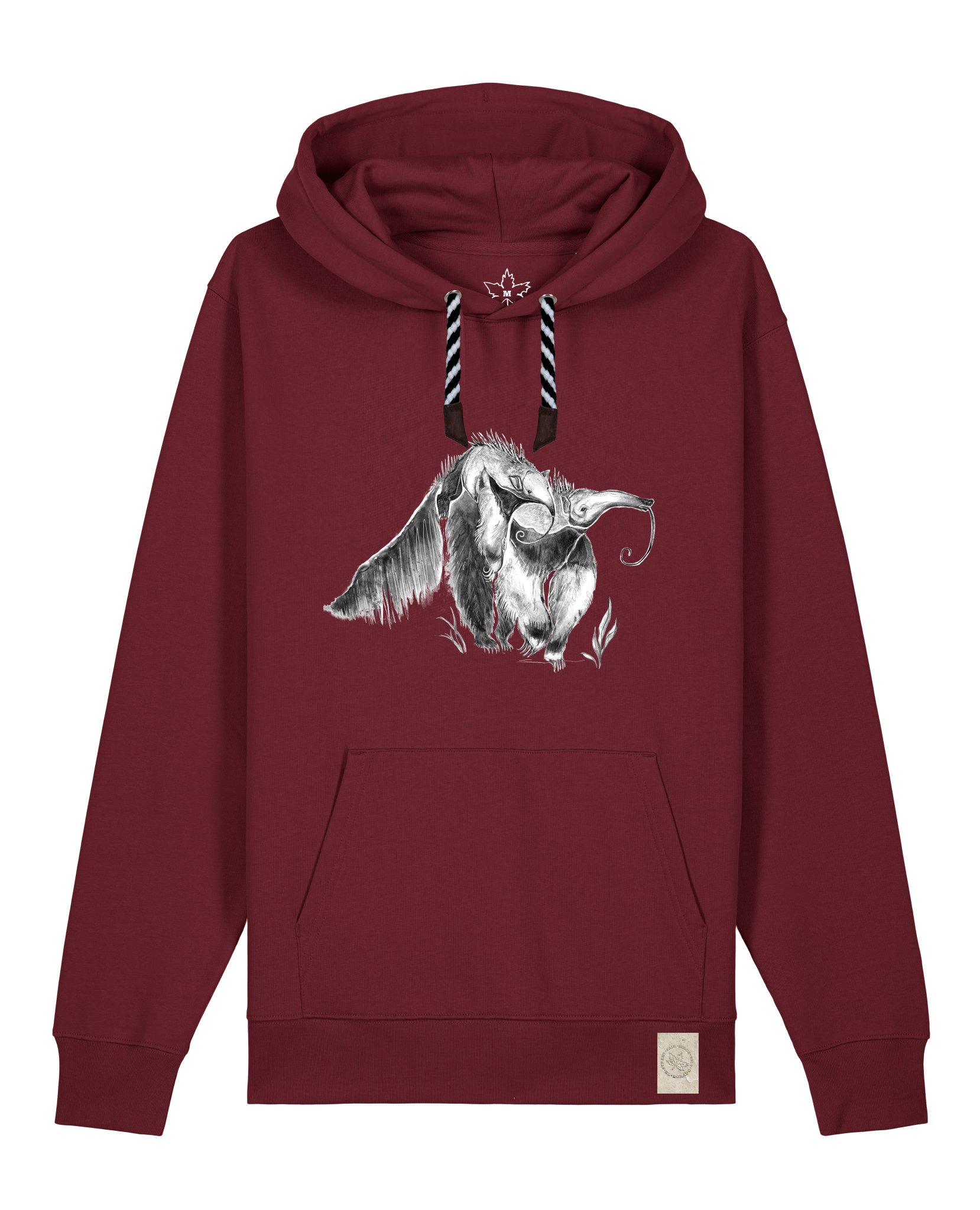 bio-unisex-medium fit-hoodie-ameisenbär-stsu177-burgunder rot-sw kordel-front