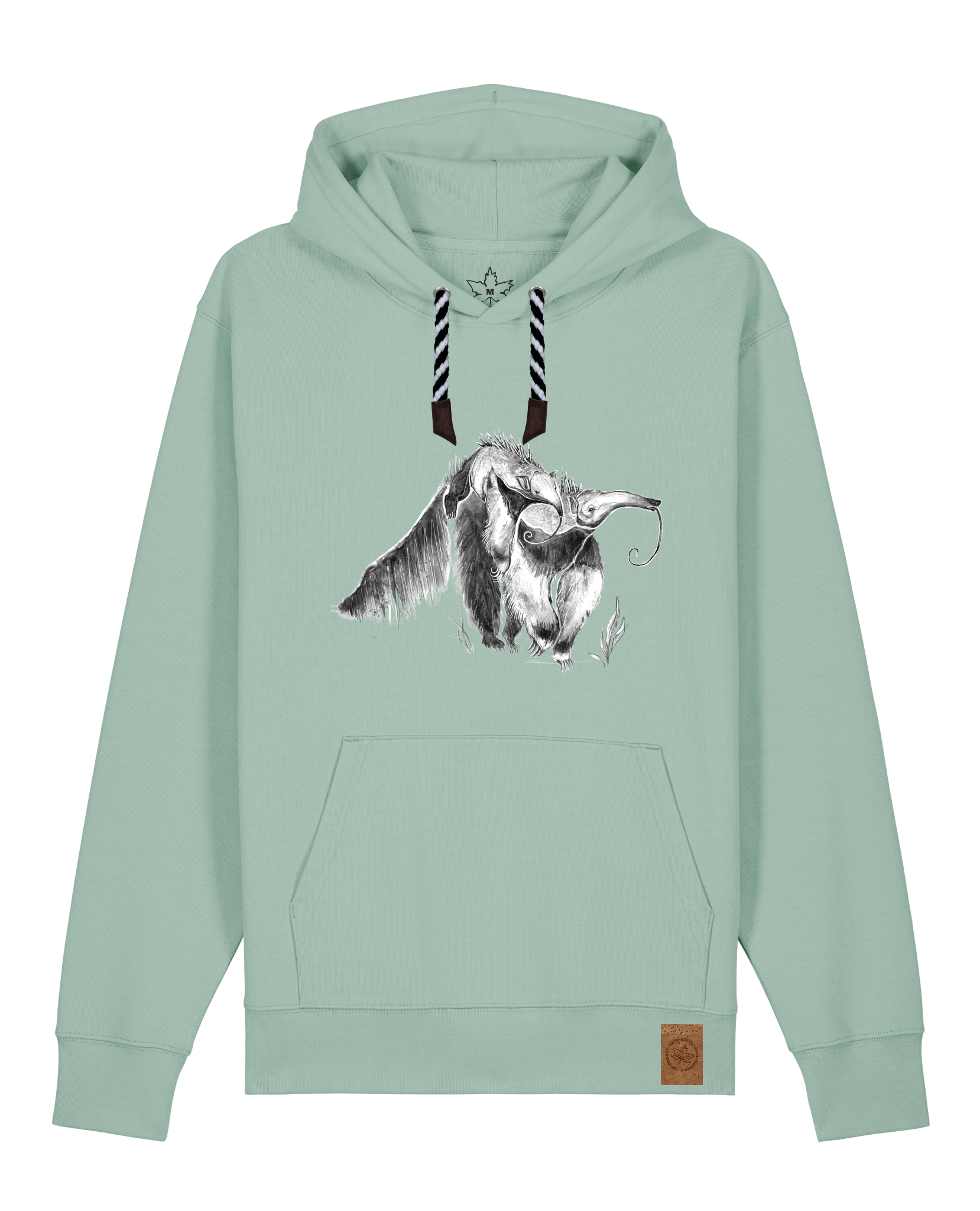 bio-unisex-medium fit-hoodie-ameisenbär-stsu177-eukalyptus-sw kordel-front