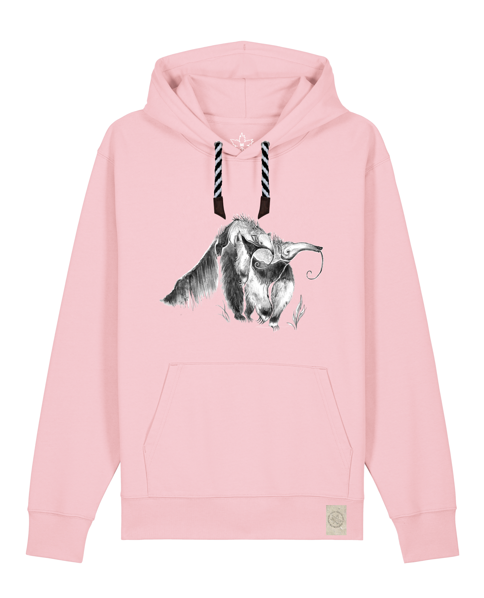 bio-unisex-medium fit-hoodie-ameisenbär-stsu177-flamingo-sw kordel-front