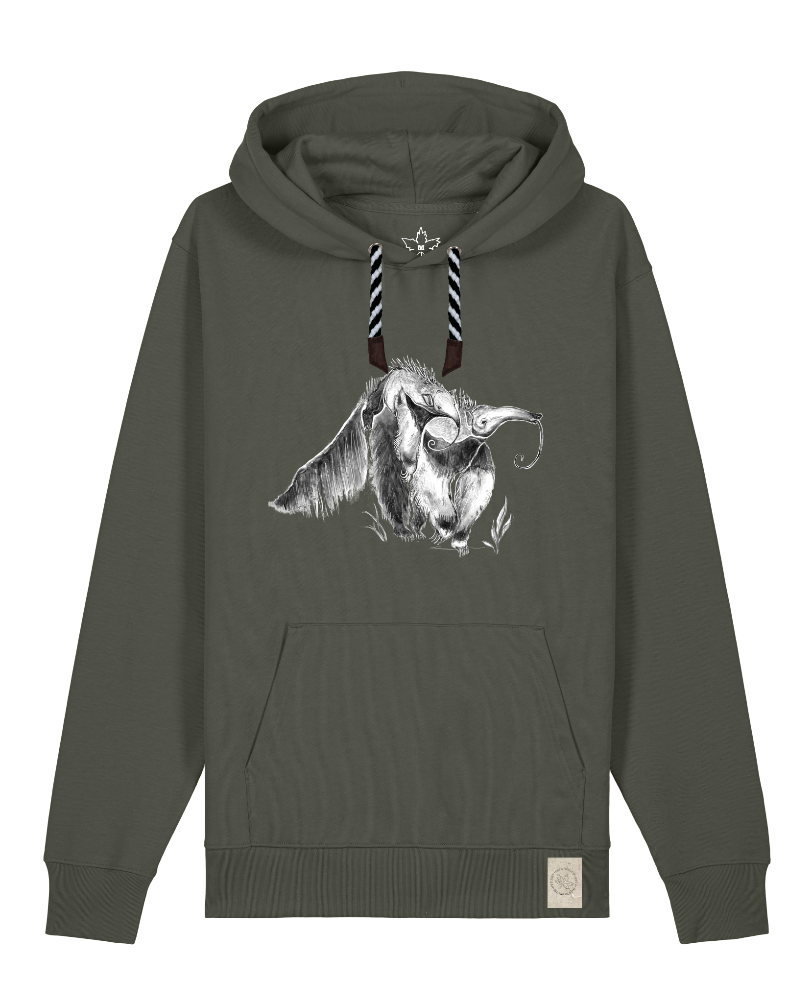bio-unisex-medium fit-hoodie-ameisenbär-stsu177-grunkohl-sw kordel-front