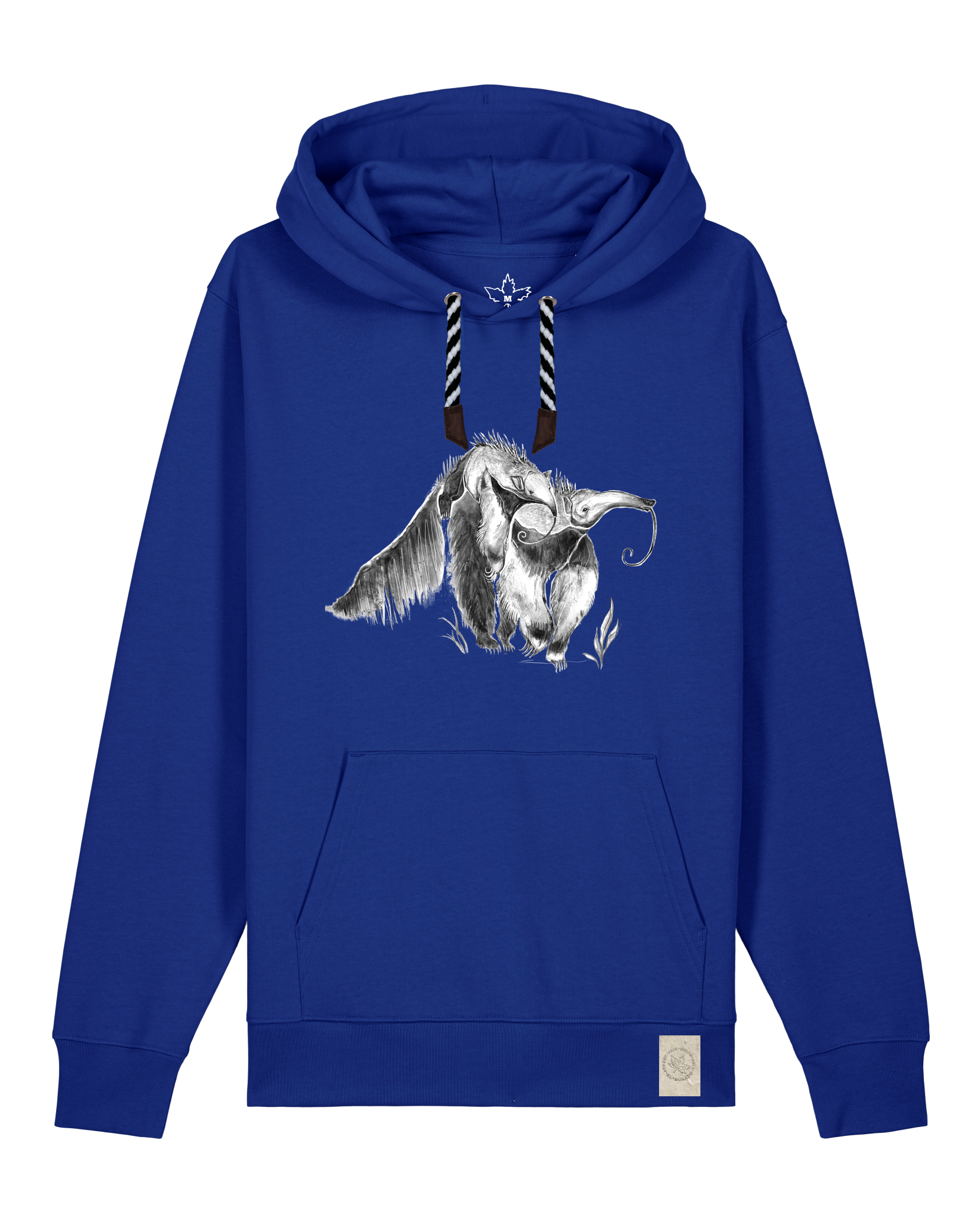 bio-unisex-medium fit-hoodie-ameisenbär-stsu177-kornblume-sw kordel-front