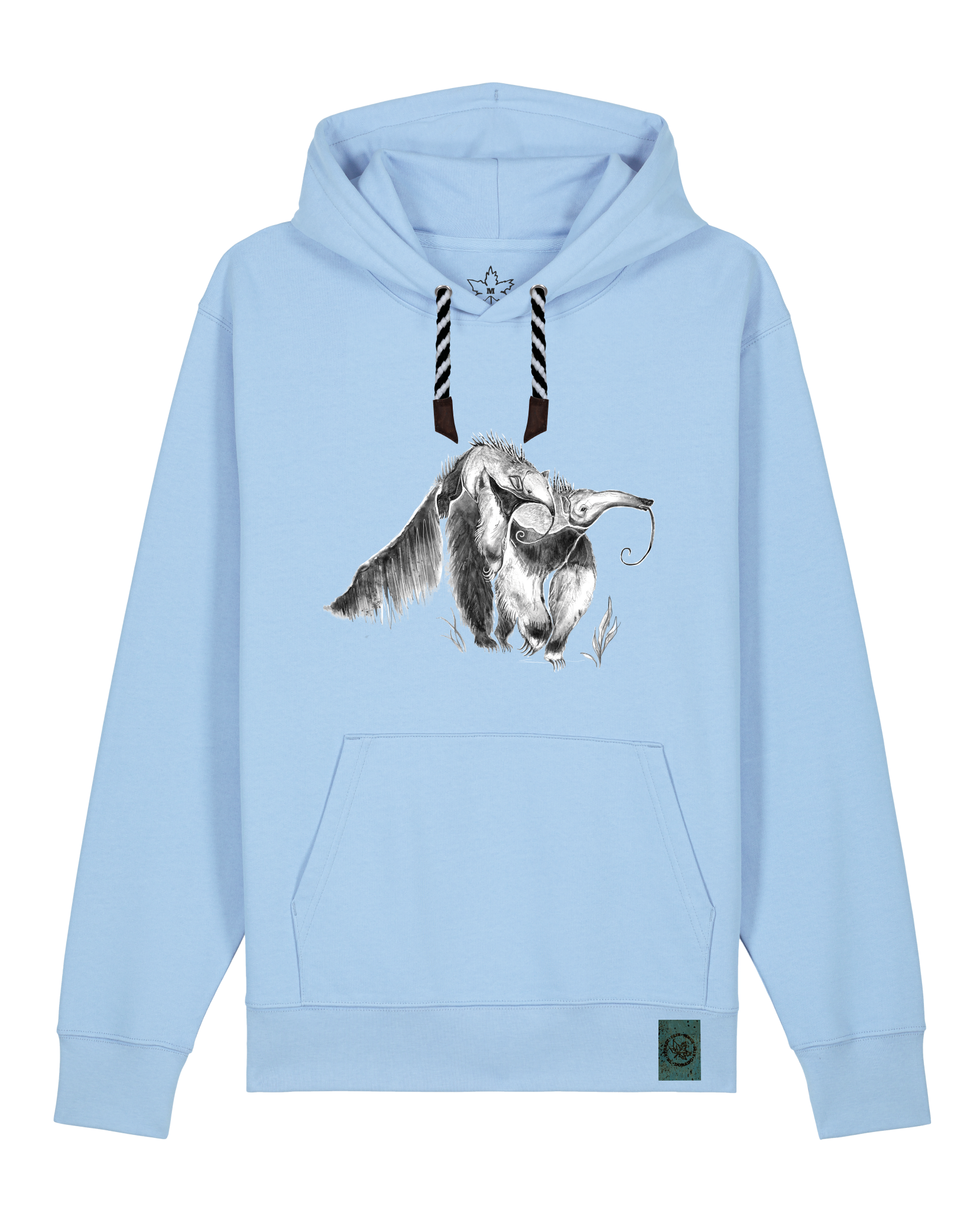 bio-unisex-medium fit-hoodie-ameisenbär-stsu177-lagune-sw kordel-front