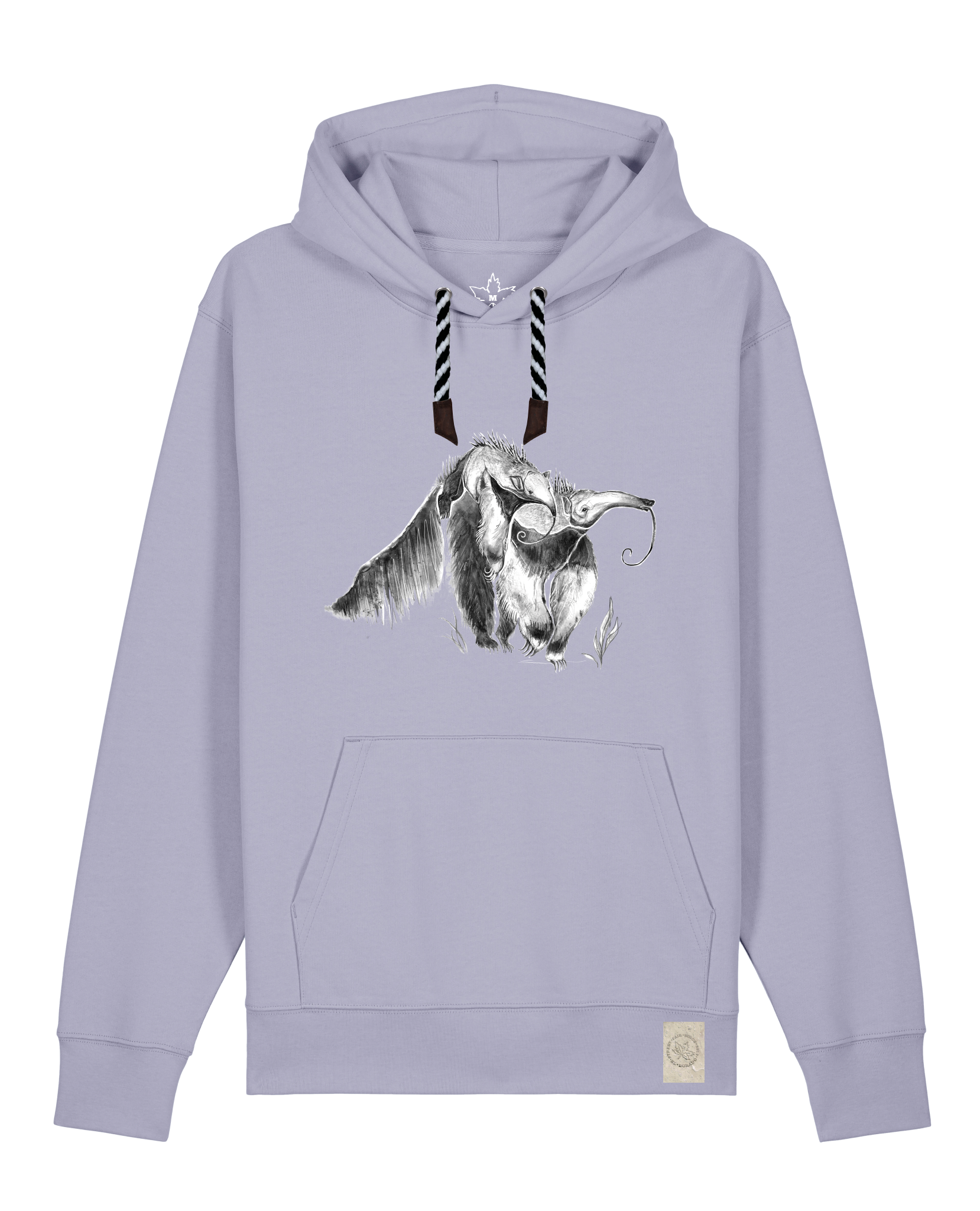 bio-unisex-medium fit-hoodie-ameisenbär-stsu177-lavender-sw kordel-front