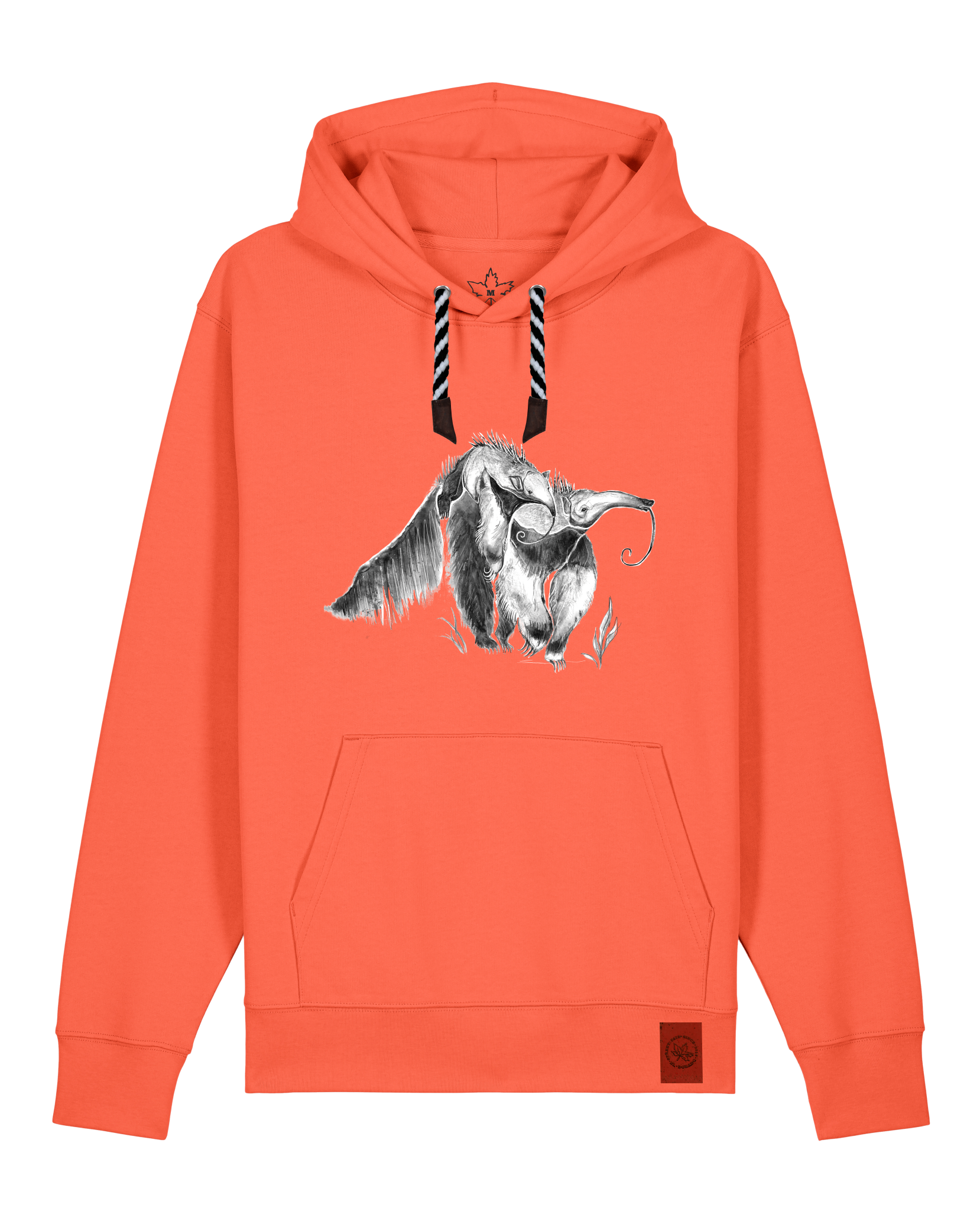 bio-unisex-medium fit-hoodie-ameisenbär-stsu177-mandarine-sw kordel-front