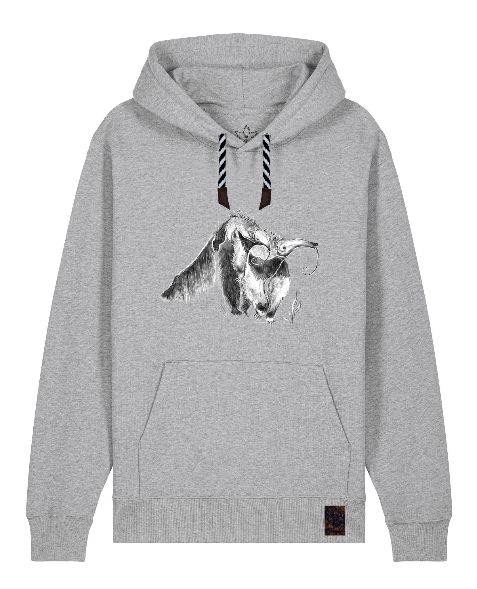 bio-unisex-medium fit-hoodie-ameisenbär-stsu177-mausgrau-sw kordel-front