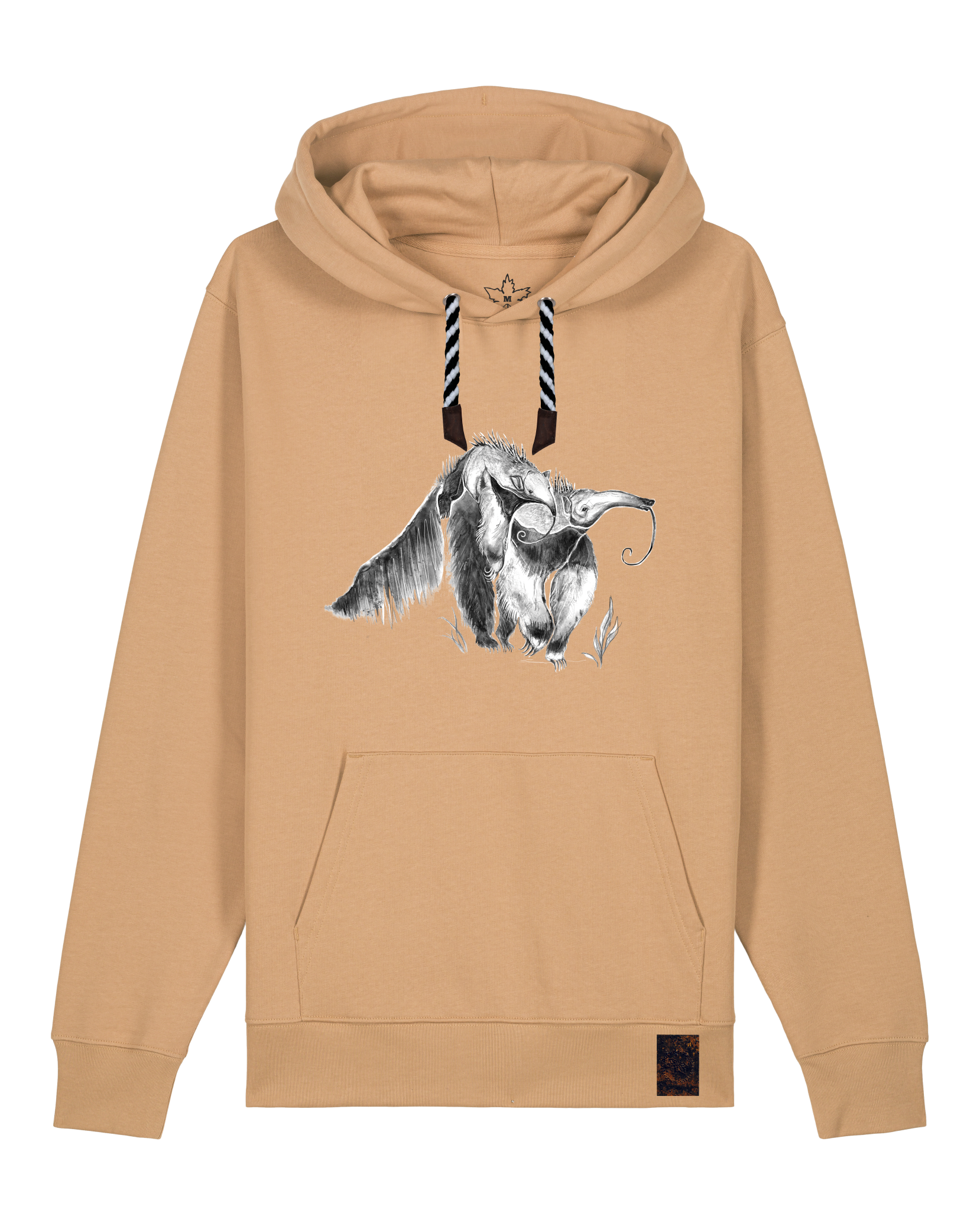 bio-unisex-medium fit-hoodie-ameisenbär-stsu177-meersand-sw kordel-front