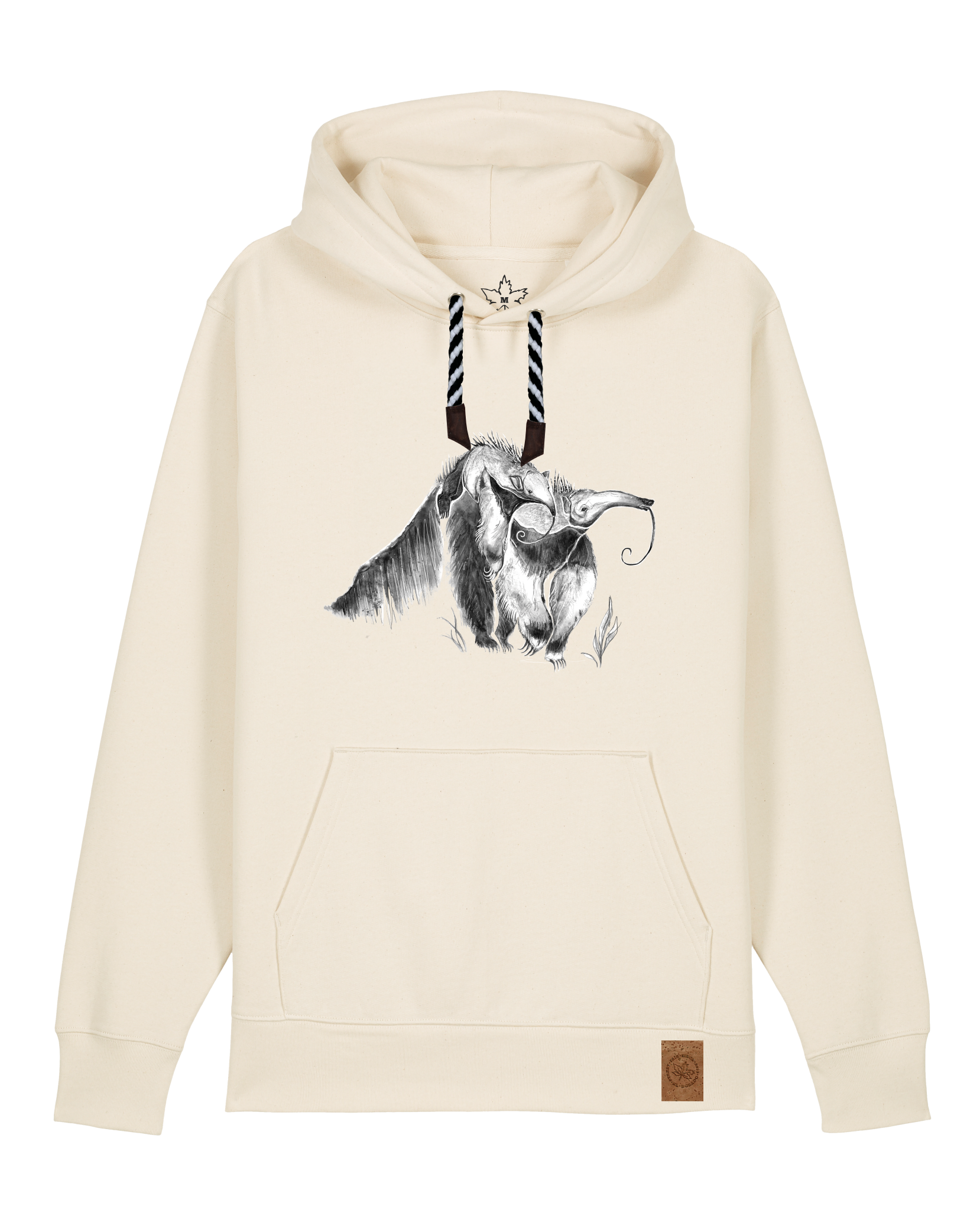 bio-unisex-medium fit-hoodie-ameisenbär-stsu177-natur-sw kordel-front