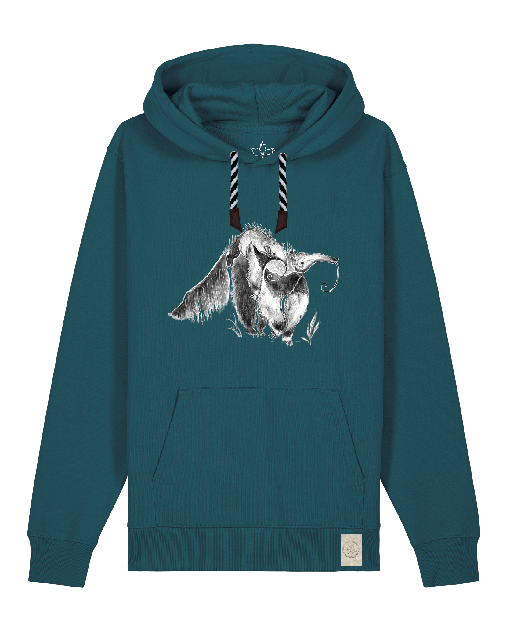 bio-unisex-medium fit-hoodie-ameisenbär-stsu177-nordmanntanne-sw kordel-front