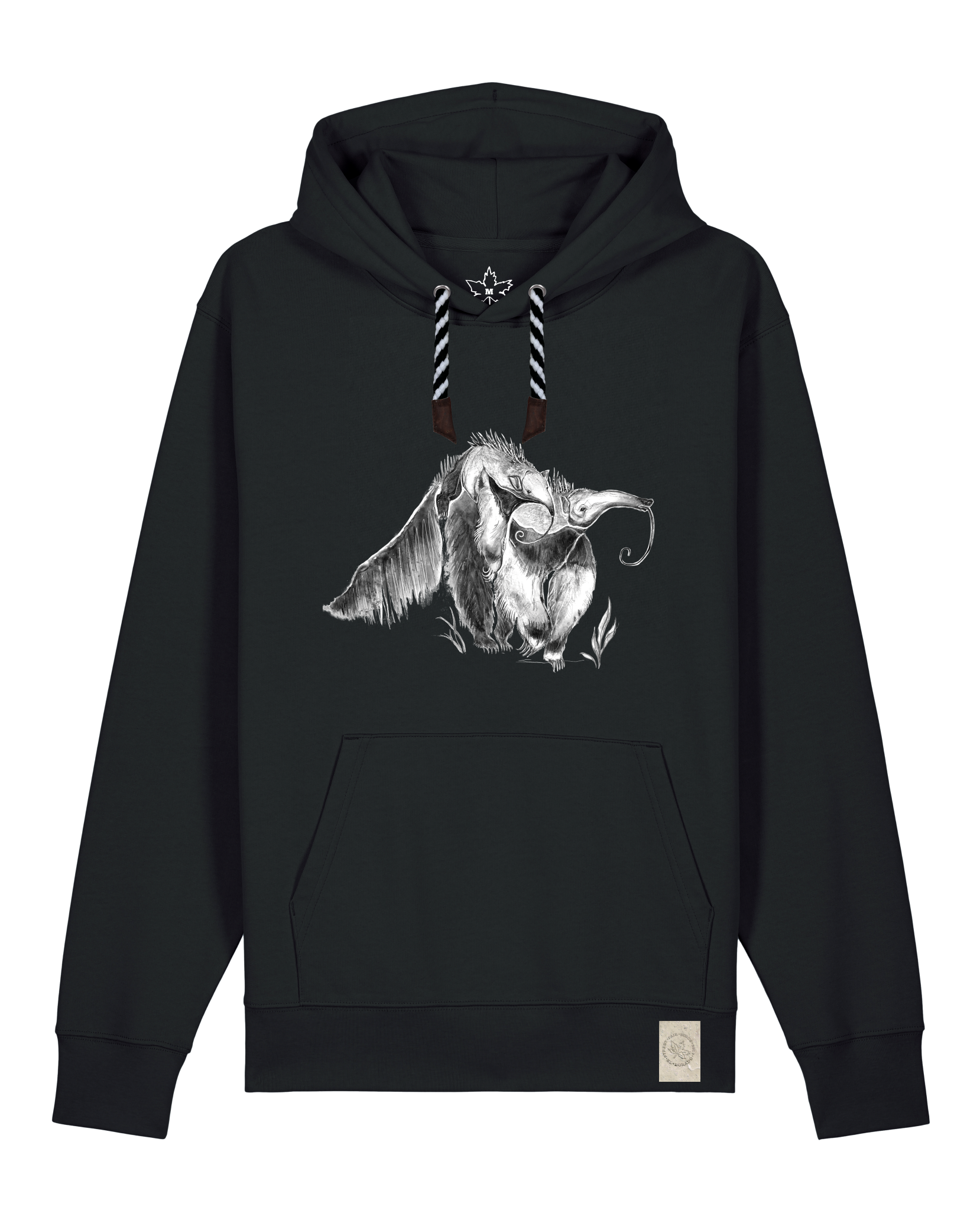 bio-unisex-medium fit-hoodie-ameisenbär-stsu177-schwarz-sw kordel-front