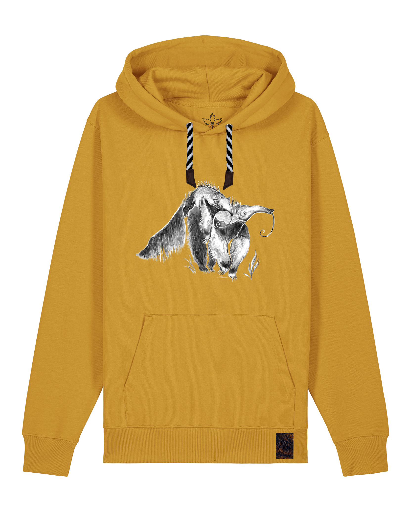 bio-unisex-medium fit-hoodie-ameisenbär-stsu177-senf-sw kordel-front