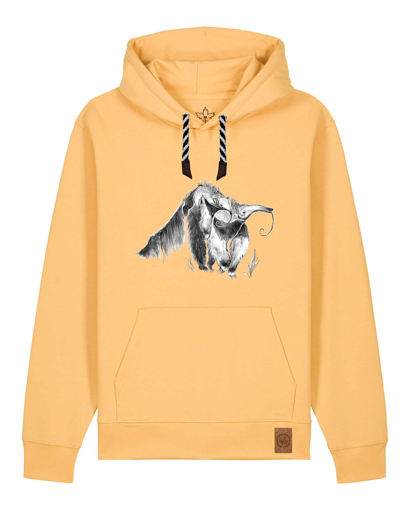 bio-unisex-medium fit-hoodie-ameisenbär-stsu177-senfkorn-sw kordel-front