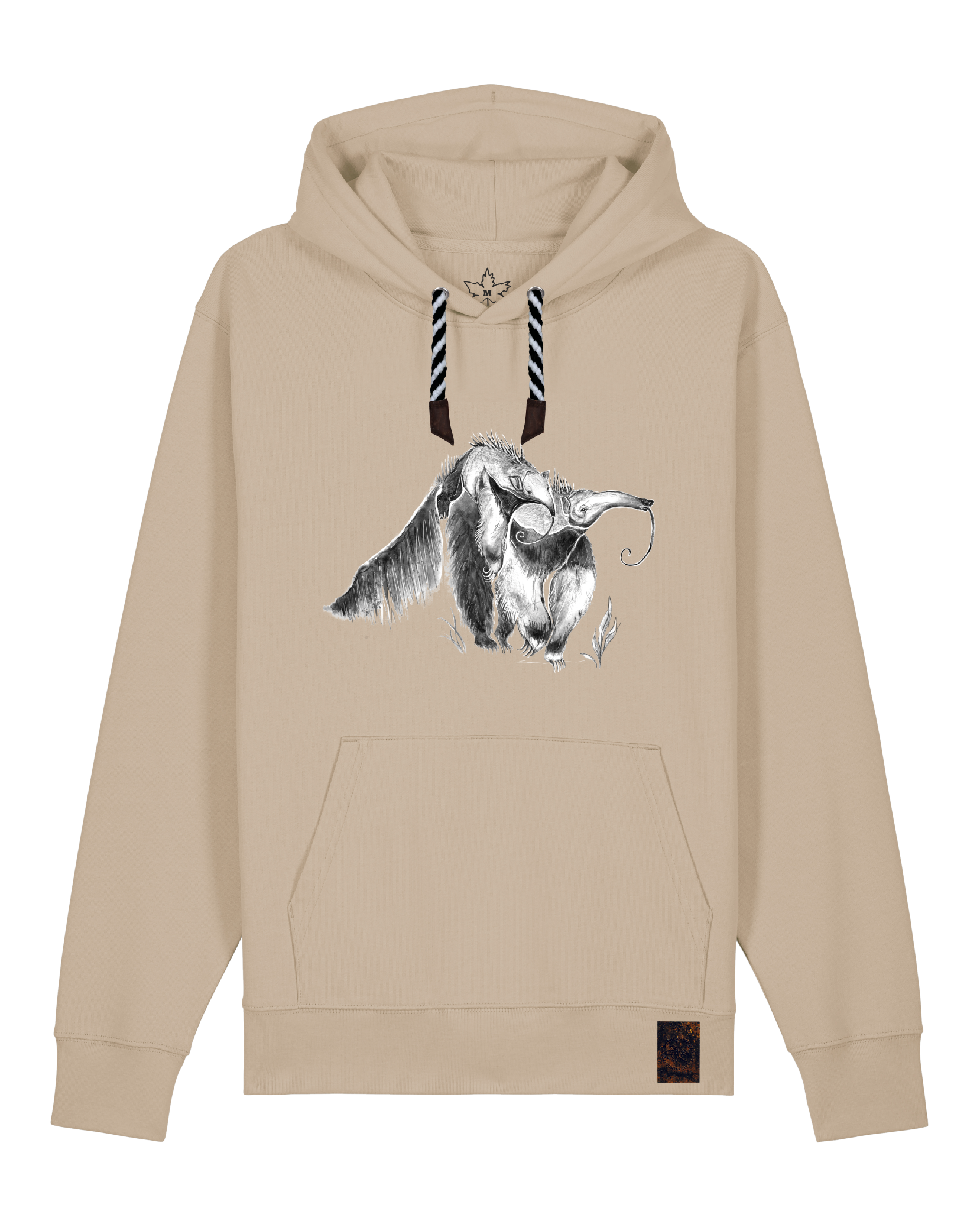 bio-unisex-medium fit-hoodie-ameisenbär-stsu177-treibsand-sw kordel-front