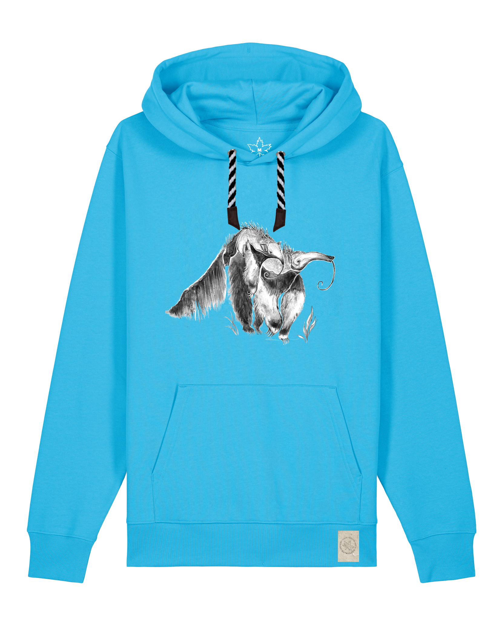 bio-unisex-medium fit-hoodie-ameisenbär-stsu177-wasserblau-sw kordel-front