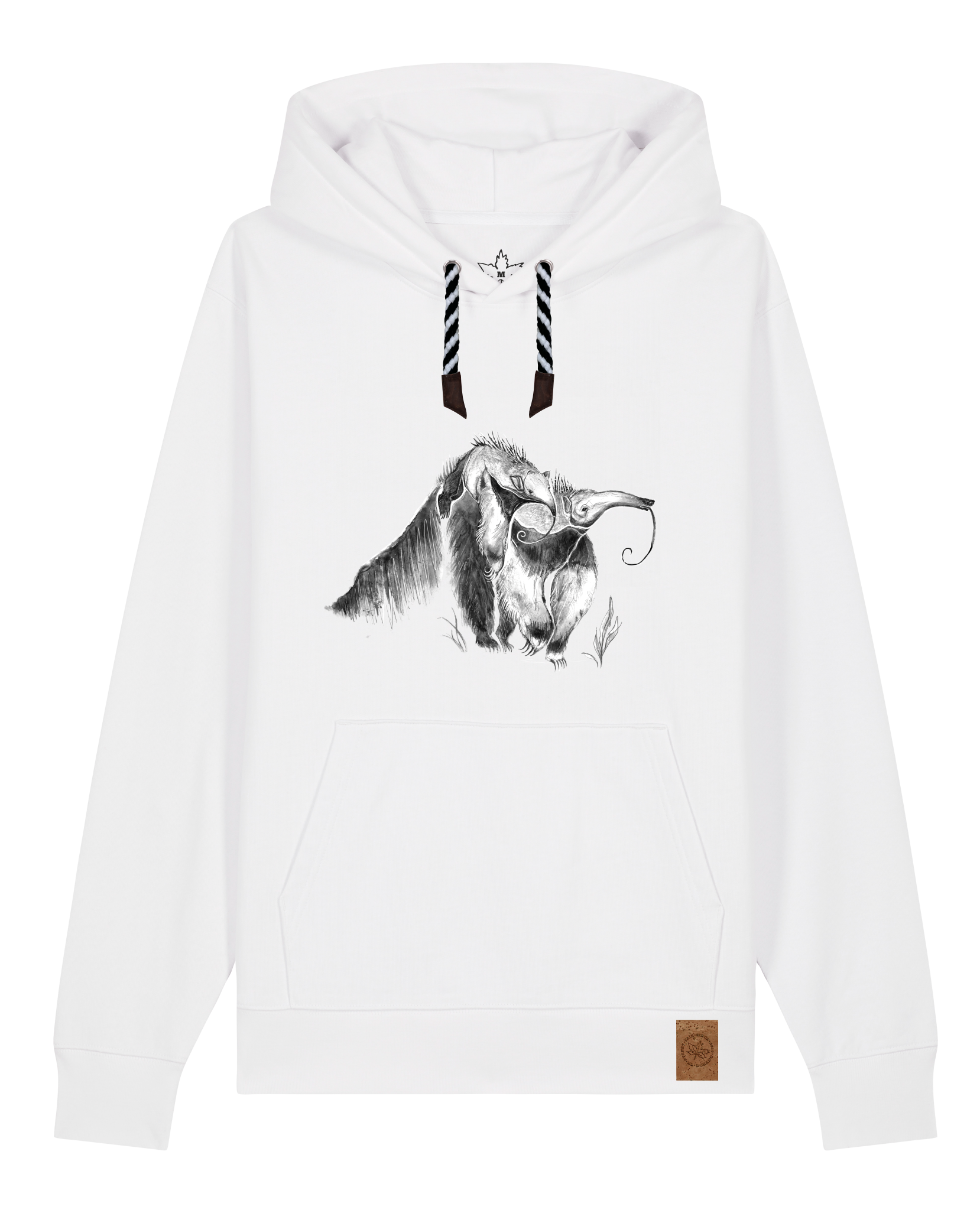 bio-unisex-medium fit-hoodie-ameisenbär-stsu177-weiß-sw kordel-front