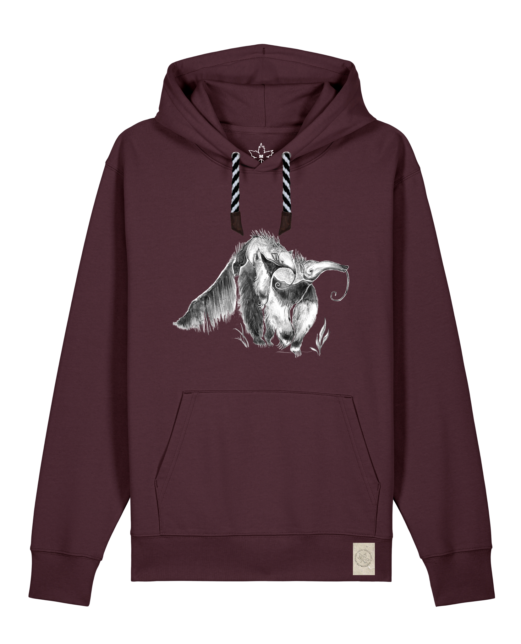 bio-unisex-medium fit-hoodie-ameisenbär-stsu177-zartbitter-sw kordel-front