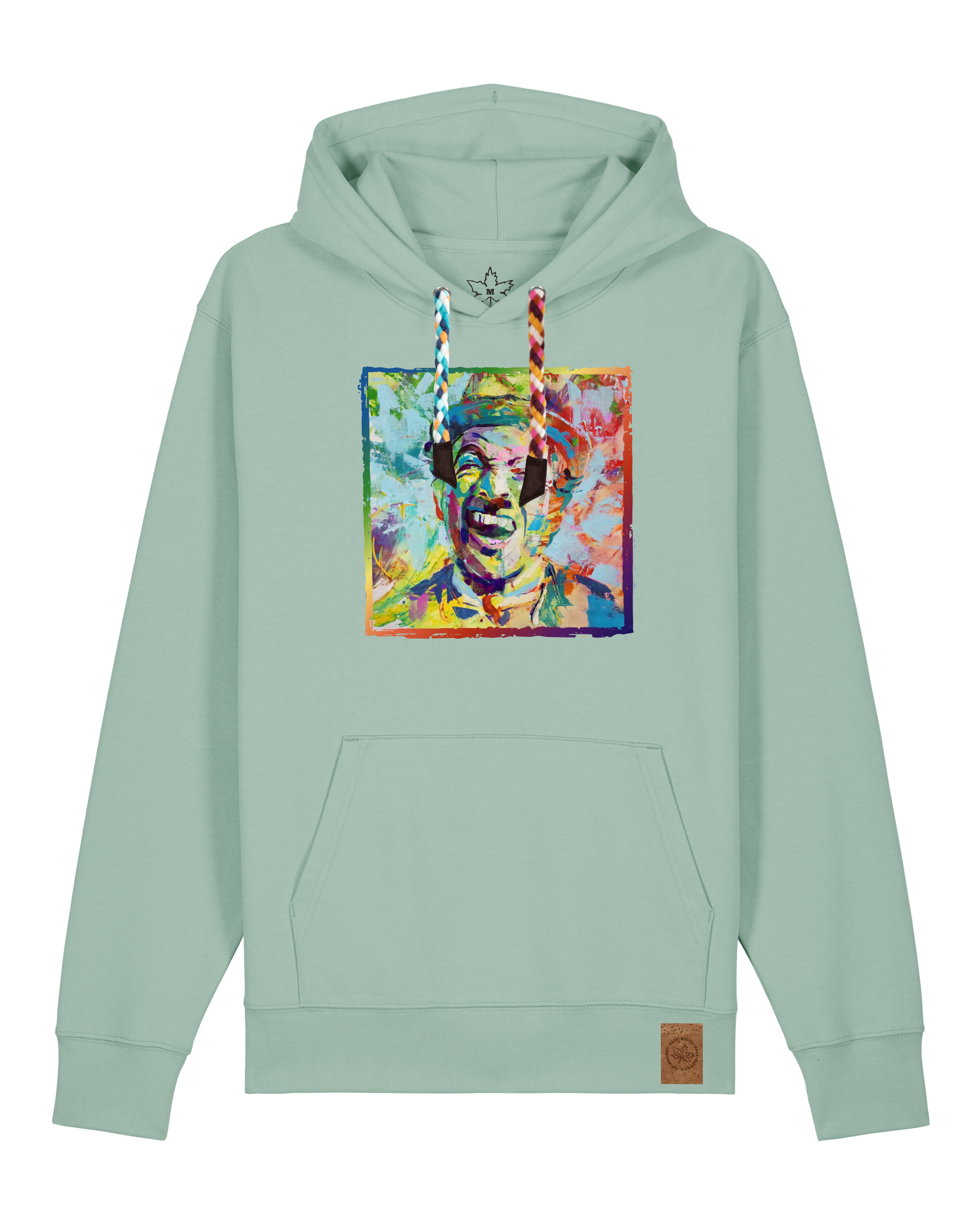 bio-unisex-medium fit-hoodie-chaplin-stsu177-eukalyptus-bunte kordel-front