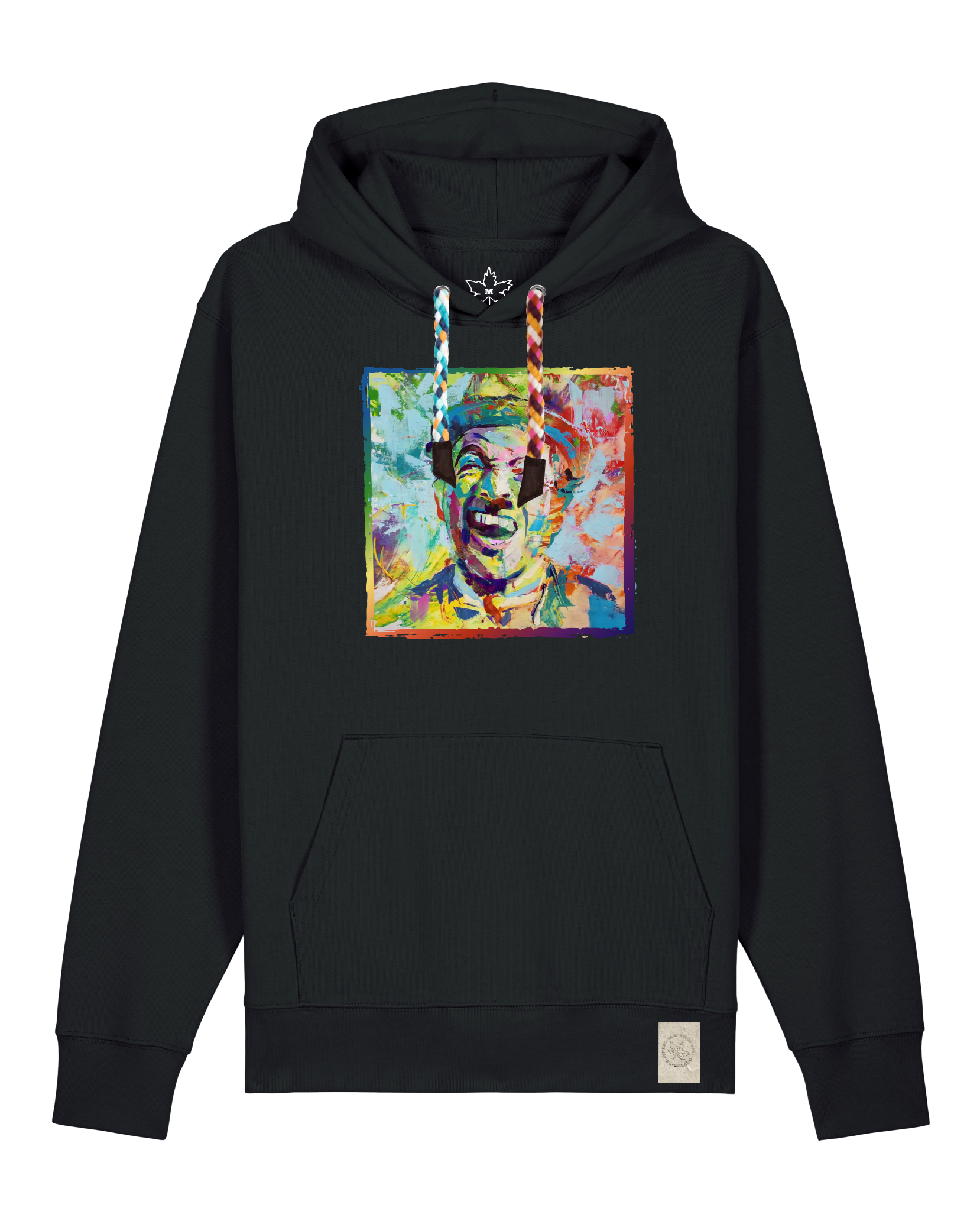 bio-unisex-medium fit-hoodie-chaplin-stsu177-schwarz-bunte kordel-front