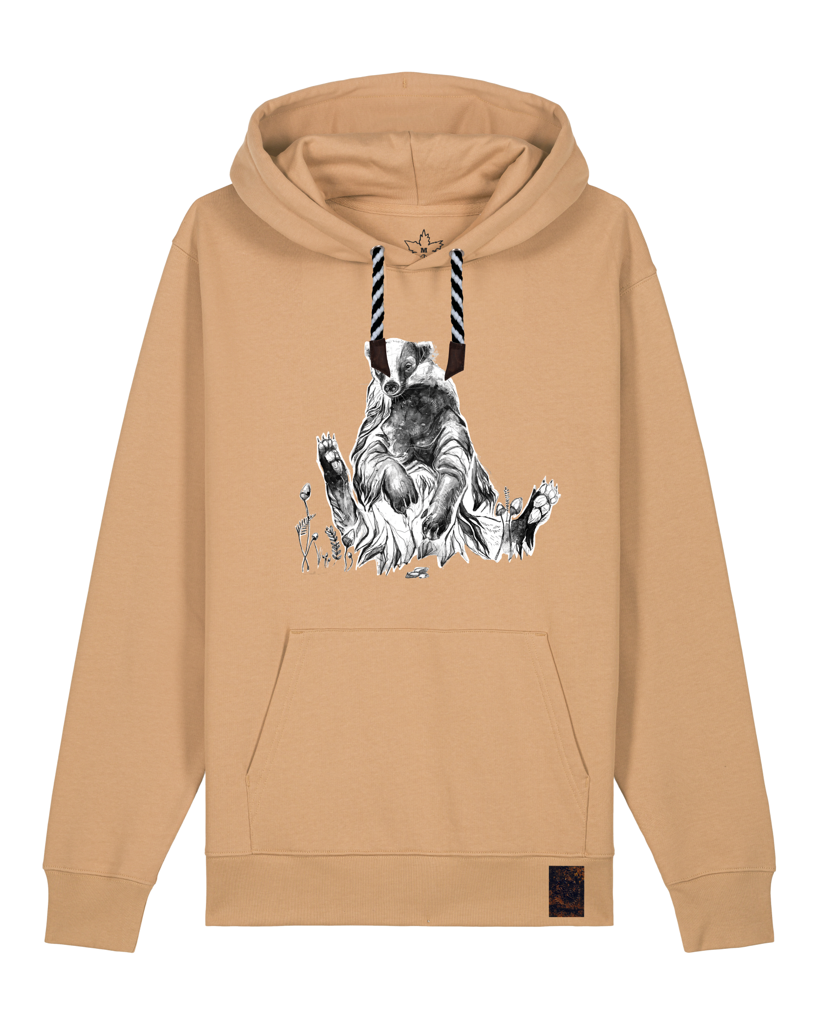 bio-unisex-medium fit-hoodie-dachs-stsu177-meersand-sw kordel-front