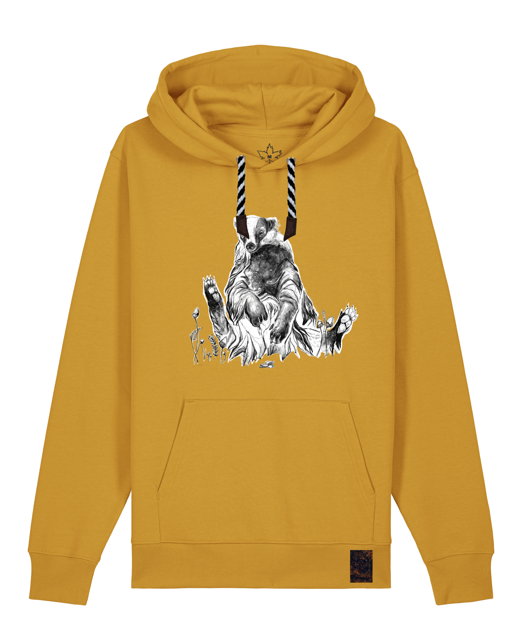 bio-unisex-medium fit-hoodie-dachs-stsu177-senf-sw kordel-front