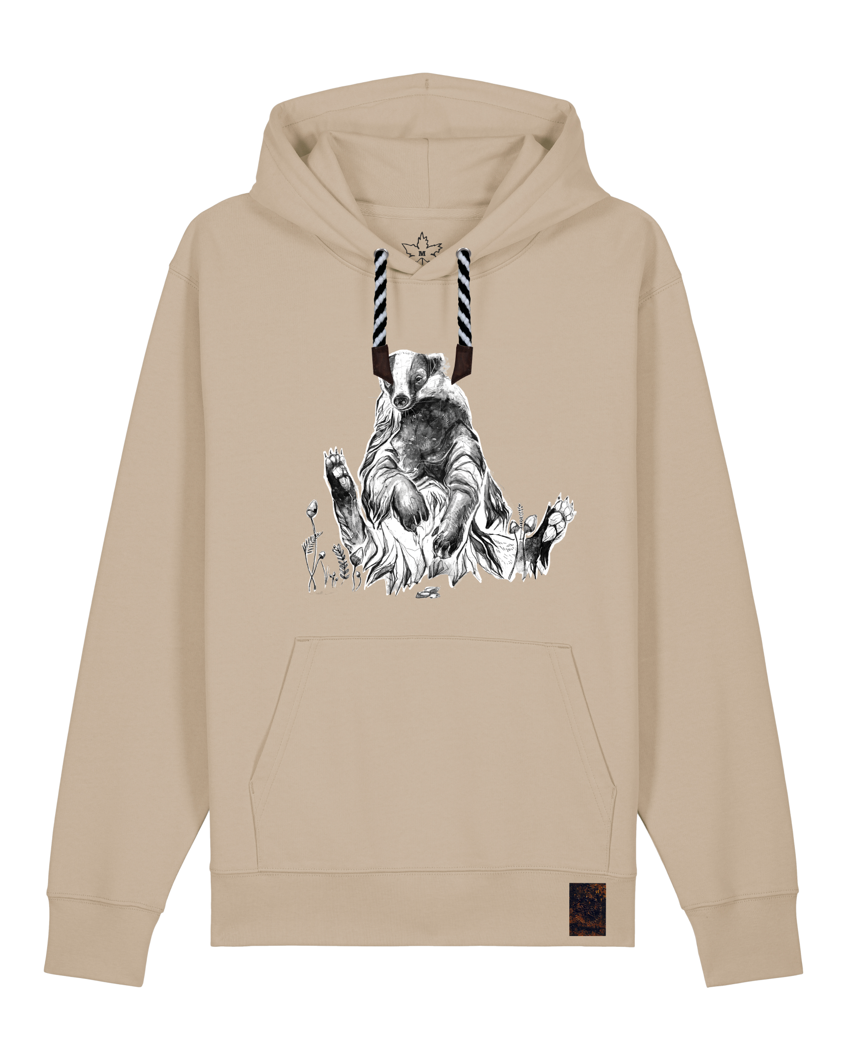 bio-unisex-medium fit-hoodie-dachs-stsu177-treibsand-sw kordel-front