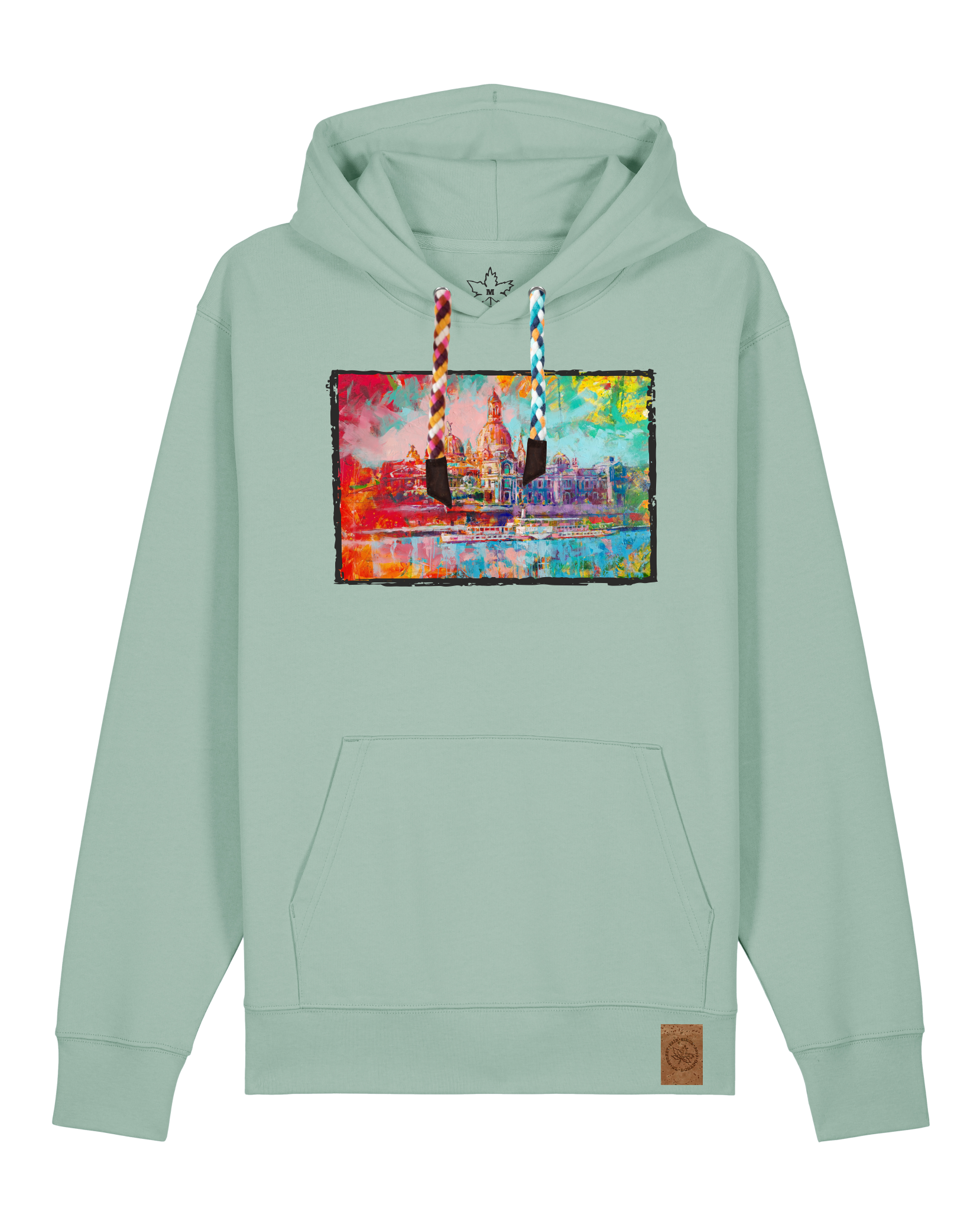 bio-unisex-medium fit-hoodie-dresden-stsu177-eukalyptus-bunte kordel-front