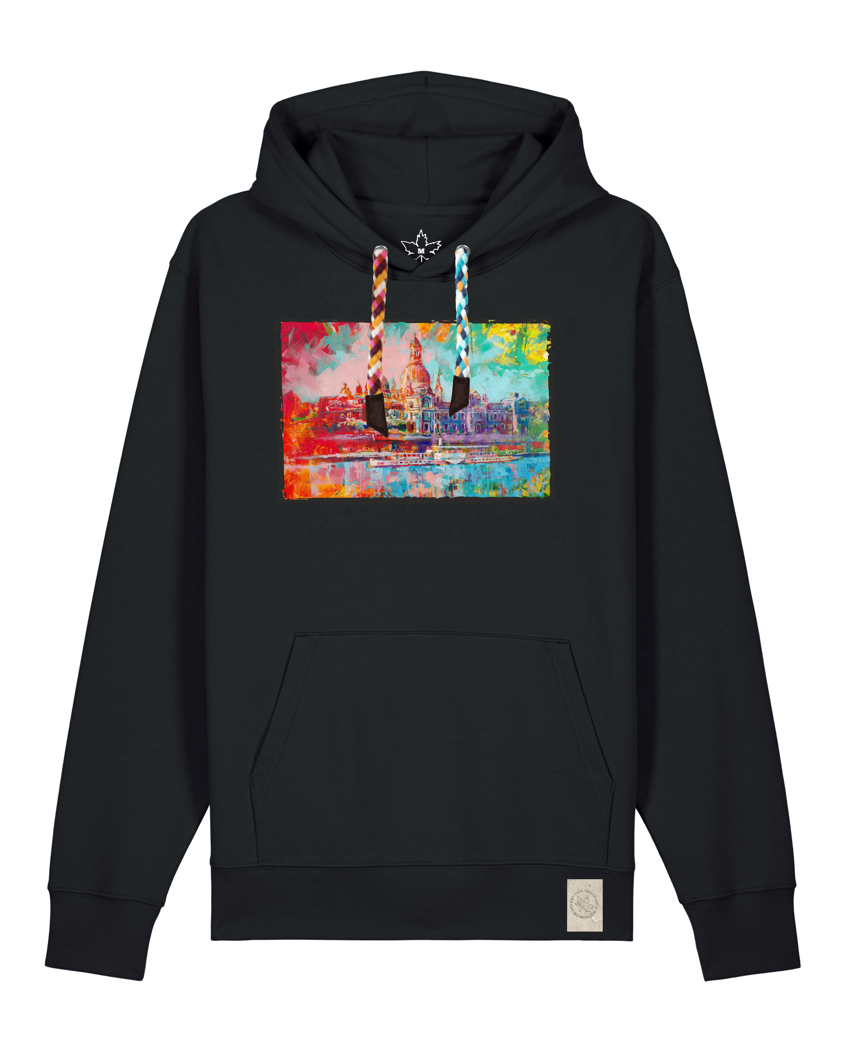 bio-unisex-medium fit-hoodie-dresden-stsu177-schwarz-bunte kordel-front