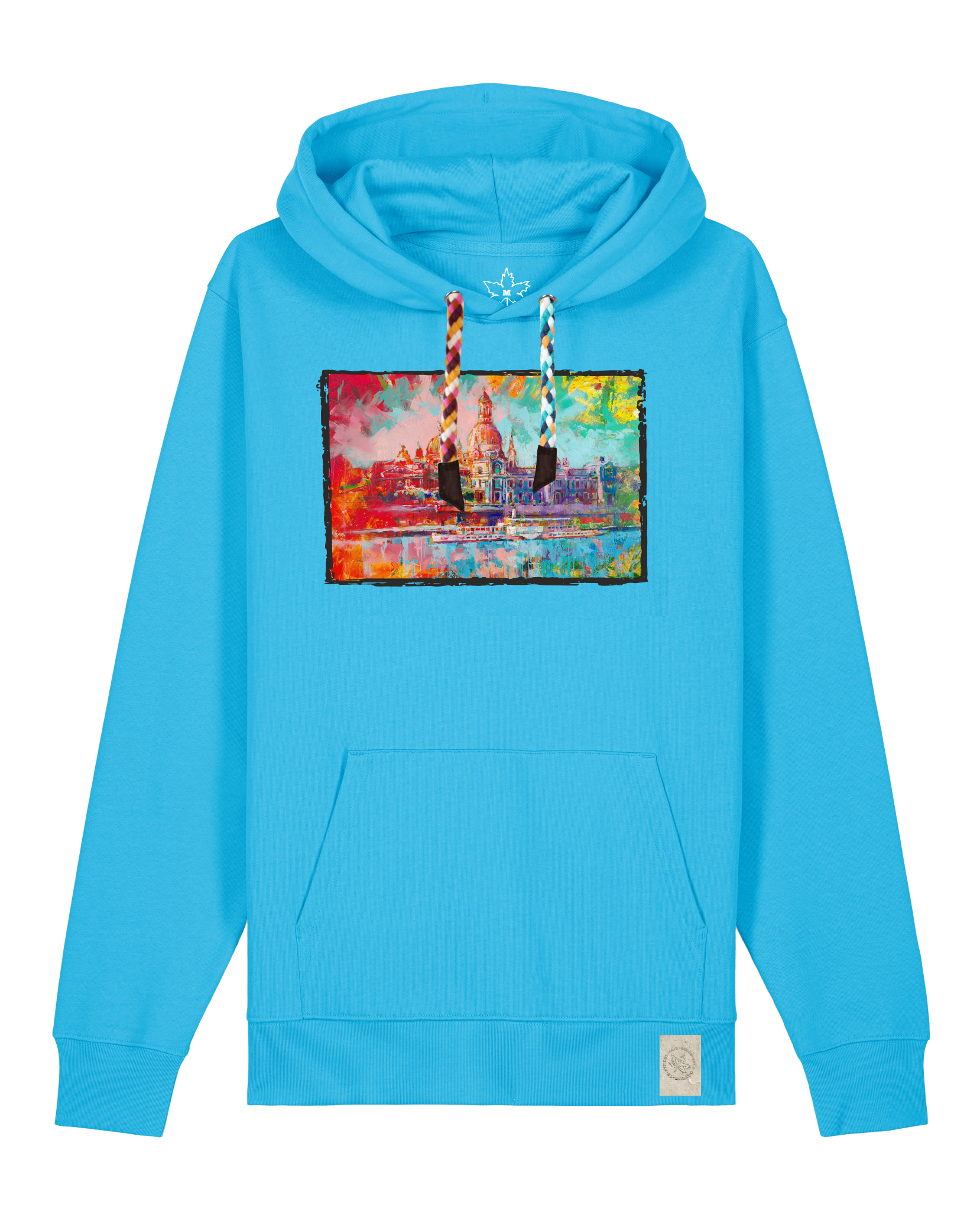 bio-unisex-medium fit-hoodie-dresden-stsu177-wasserblau-bunte kordel-front