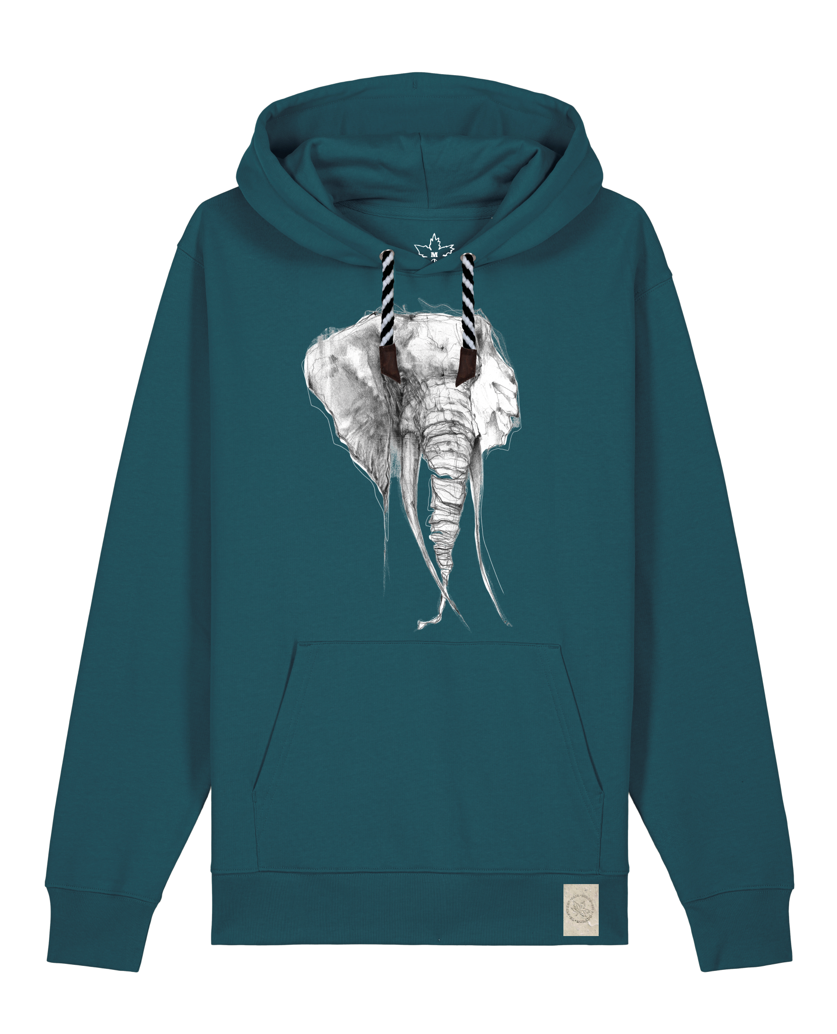 bio-unisex-medium fit-hoodie-elefant-stsu177-nordmanntanne-sw kordel-front