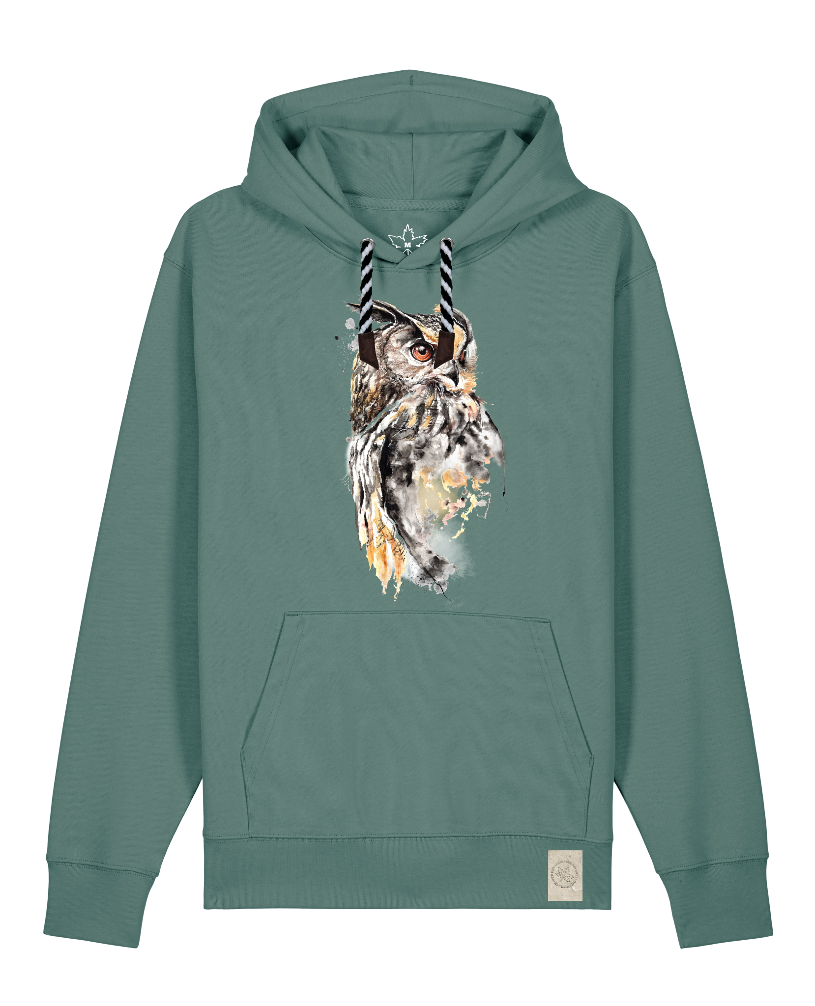 bio-unisex-medium fit-hoodie-eule-stsu177-blautanne-sw kordel-front