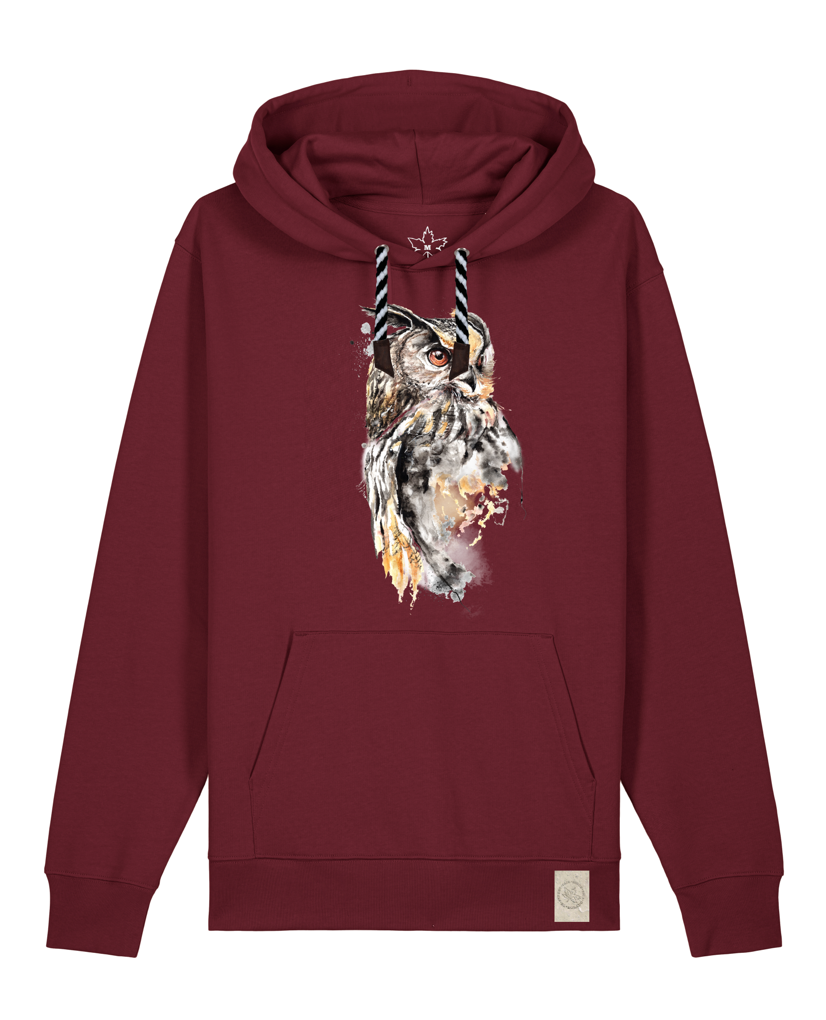 bio-unisex-medium fit-hoodie-eule-stsu177-burgunder rot-sw kordel-front