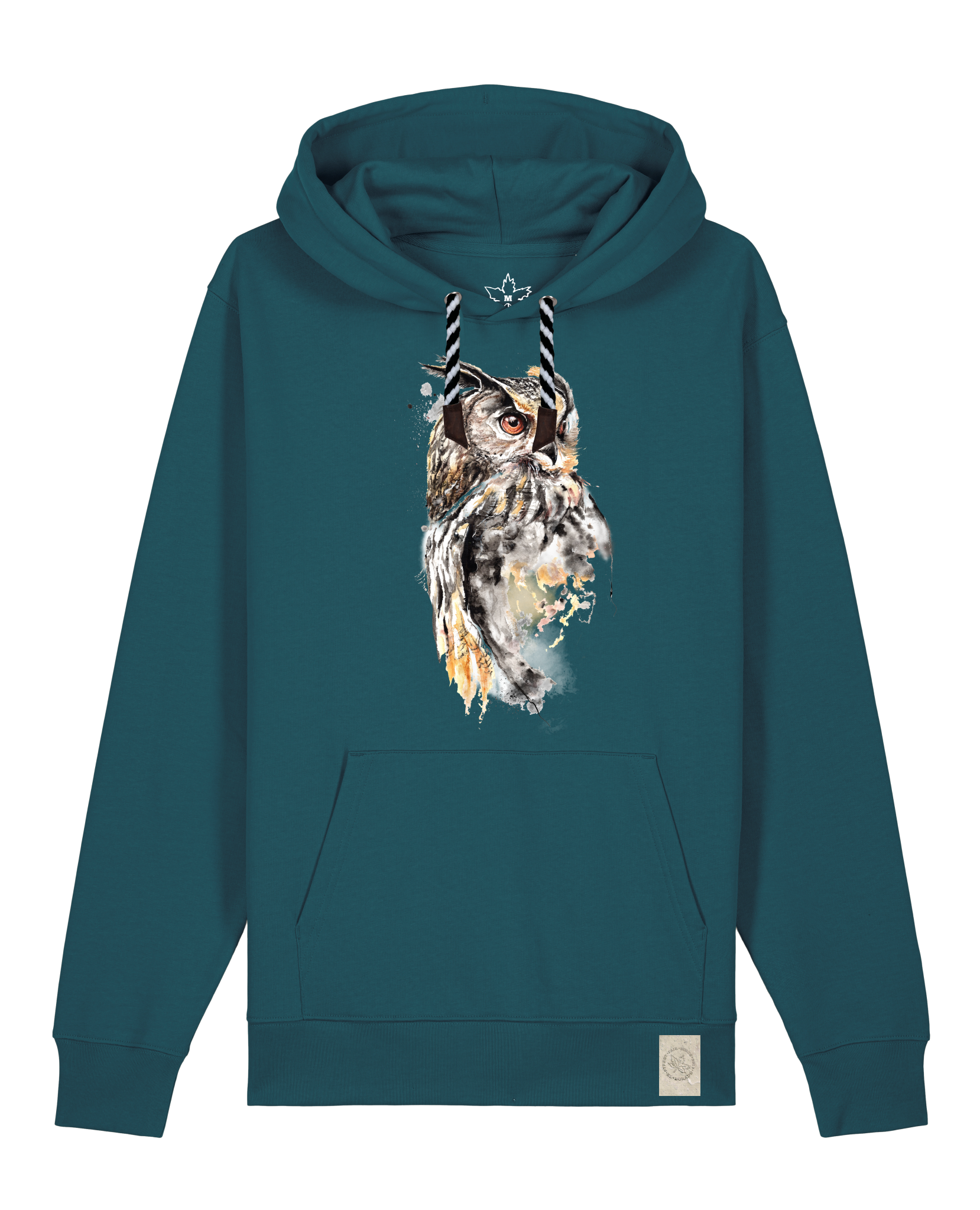 bio-unisex-medium fit-hoodie-eule-stsu177-nordmanntanne-sw kordel-front