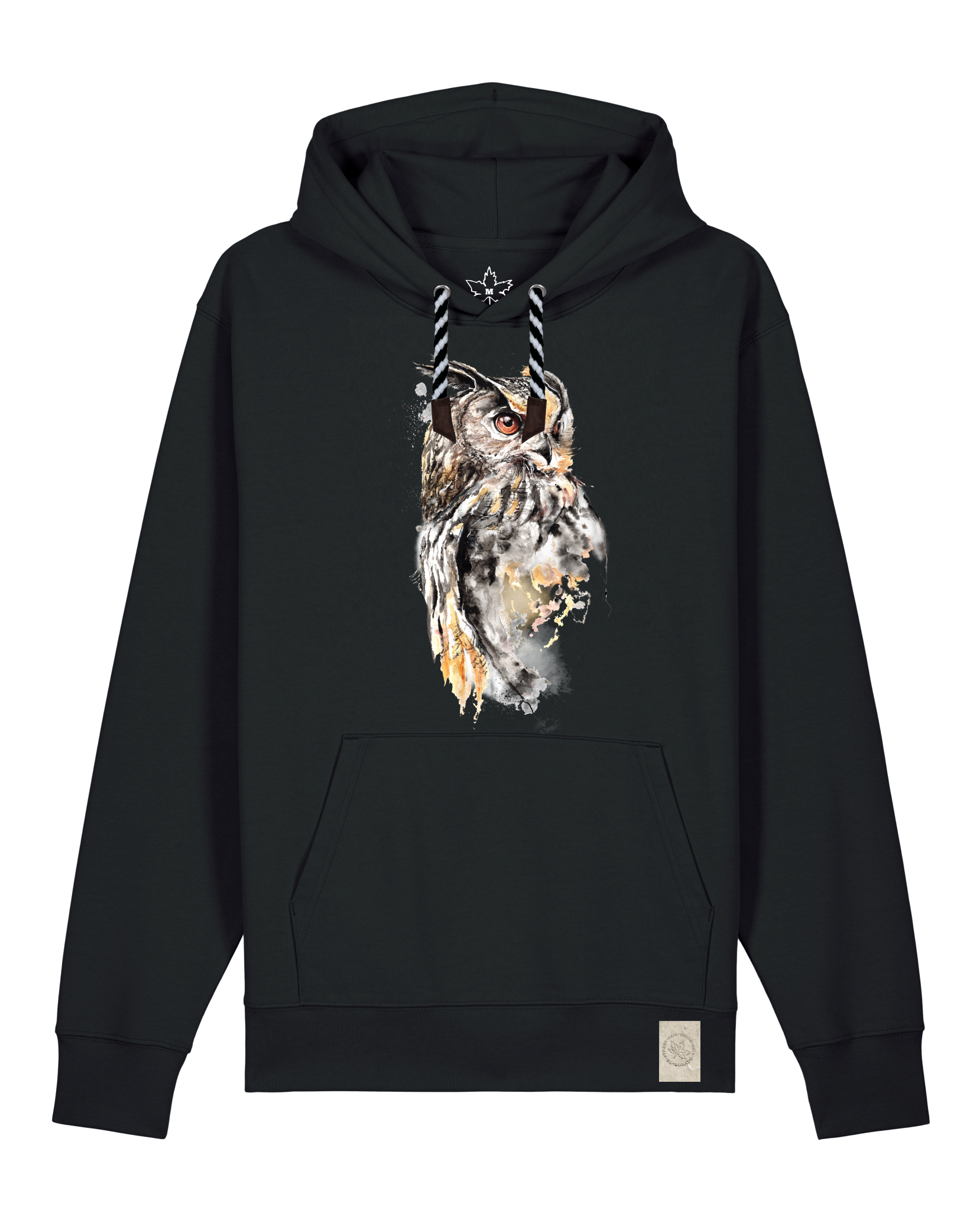 bio-unisex-medium fit-hoodie-eule-stsu177-schwarz-sw kordel-front