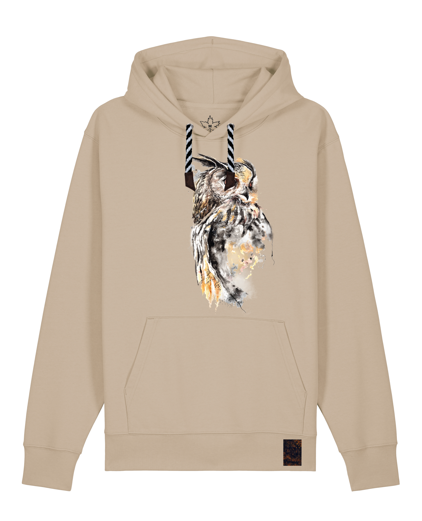 bio-unisex-medium fit-hoodie-eule-stsu177-treibsand-sw kordel-front